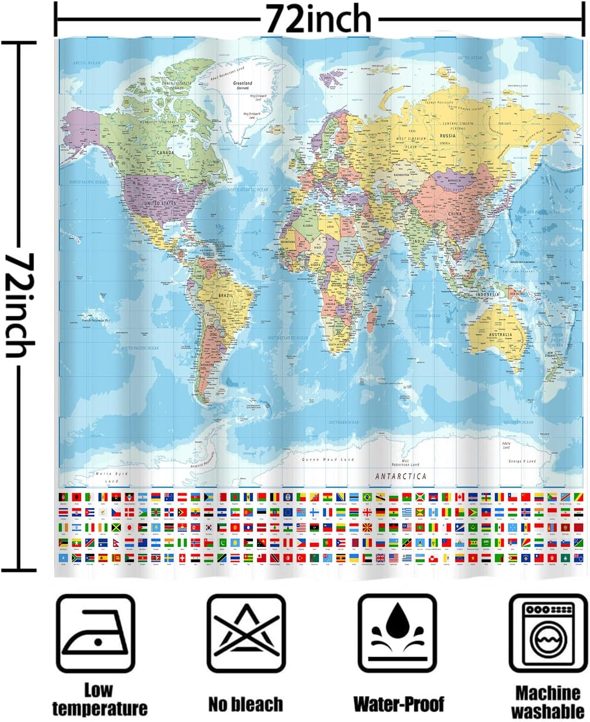 Itapnoom World Map Shower Curtain, Map of the World with National Educational Fabric Shower Curtains Set for Bathroom Boys Girls Kids Map Bath Decor with Hooks 72 X 72 Inch image number 5