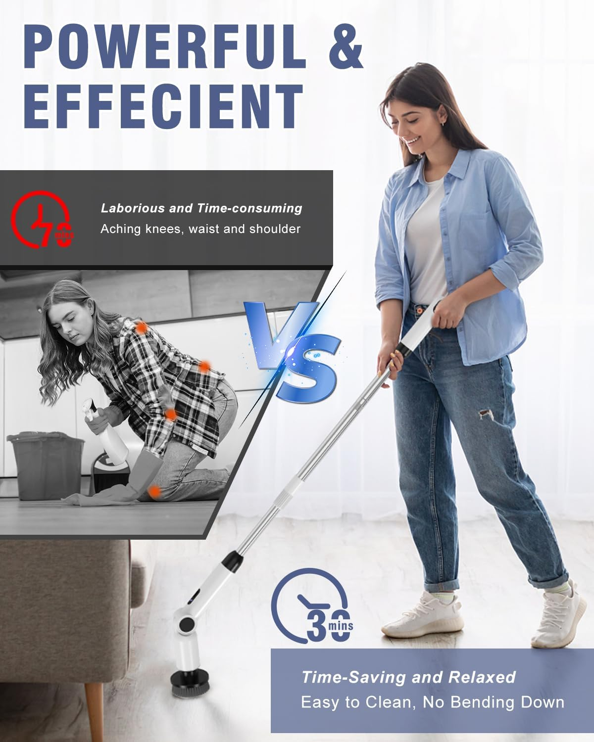 Electric Spin Scrubber, [4 Adjustable Angles] [Battery Display ] Homtronics Cordless Power Scrubber with 8 Replaceable Brush Heads, 450RPM Electric Cleaning Brush for Bathroom, Floor, Tile, Car-White image number 5