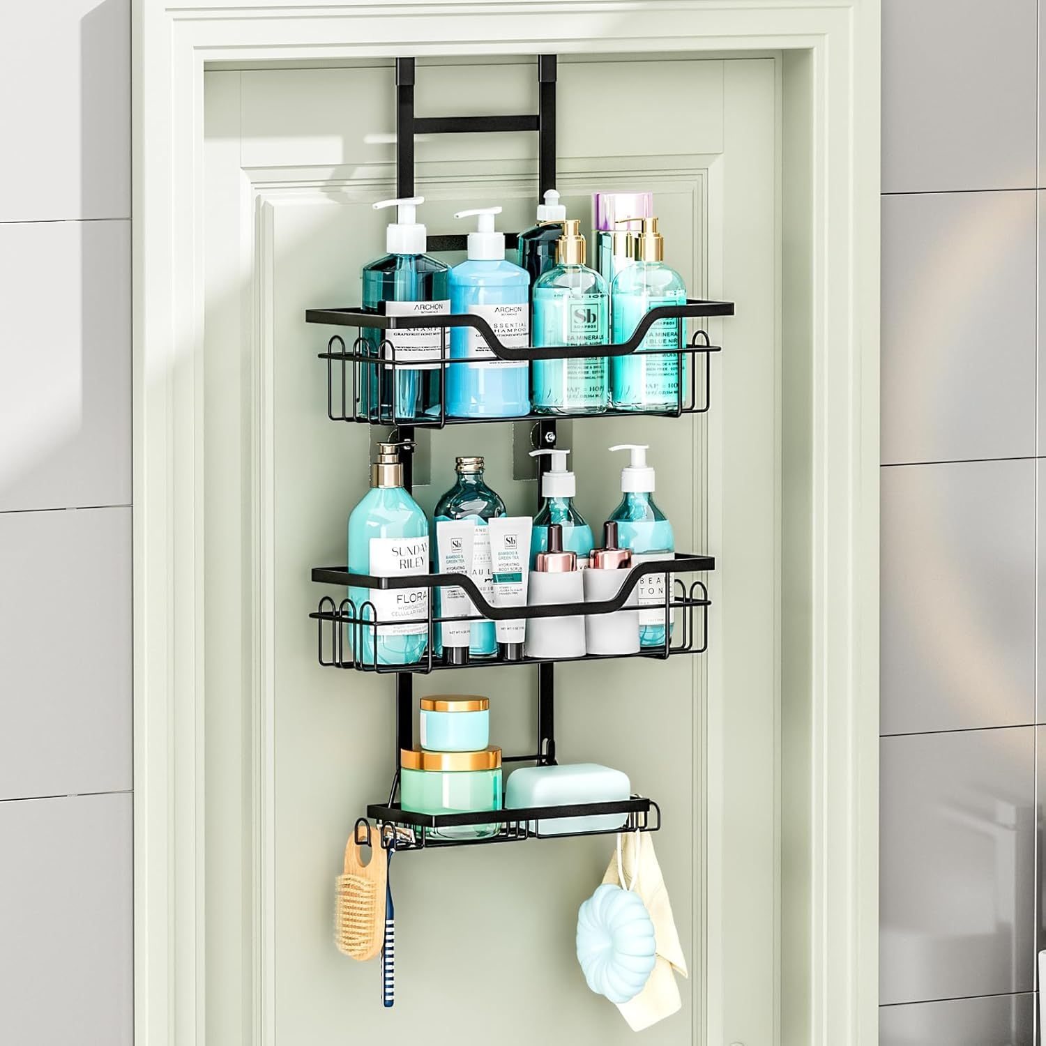 POPULUSL over the Door Shower Caddy, 3 Tier No Drilling Shower Storage with Hooks for Razor and Sponge, Rustproof Bathroom Shower Storage Rack Basket, Easy to Install image number 5