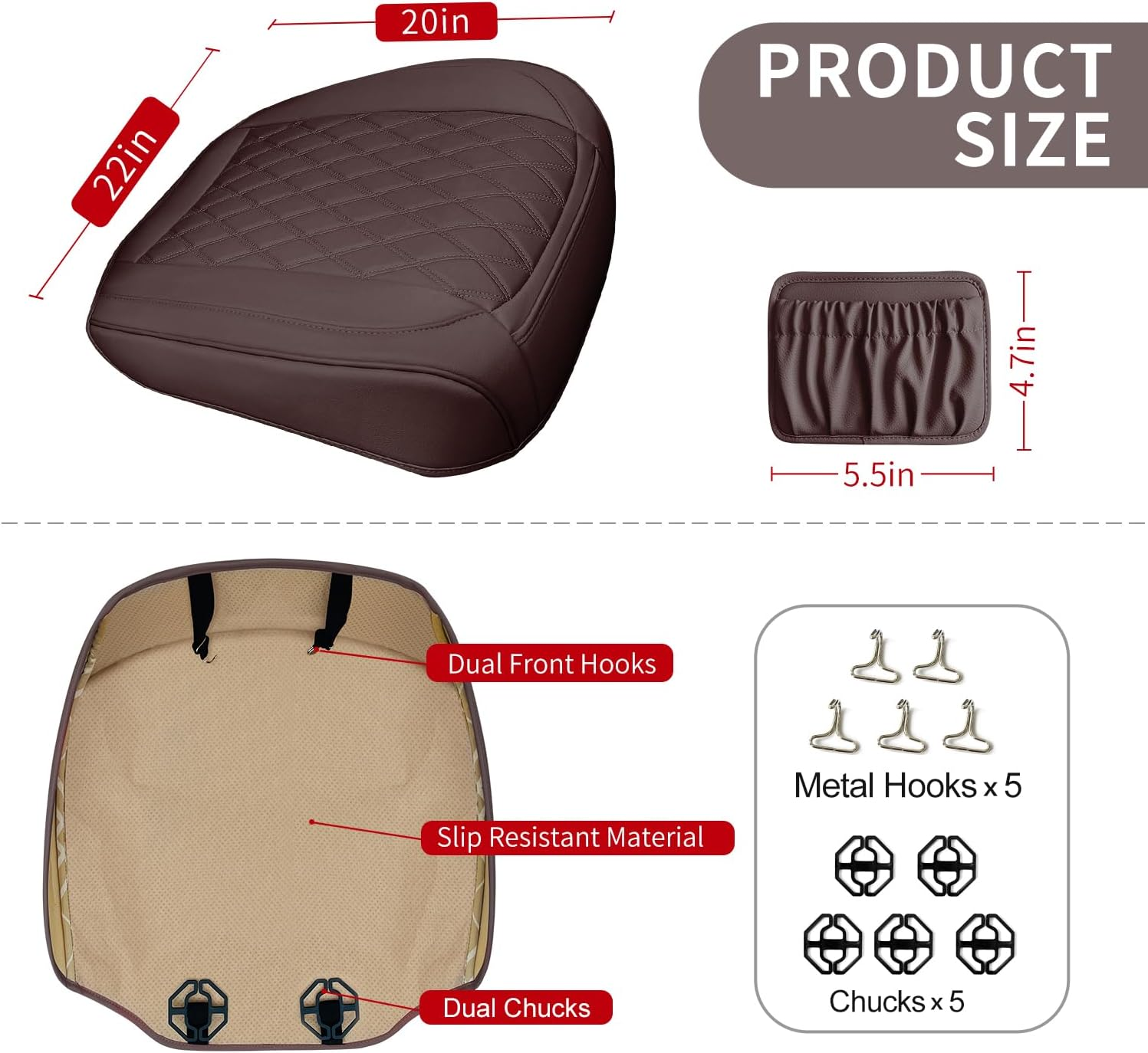 2 Pack Leather Front Car Seat Cover Bottom Car Seat, Anti-Slip and Full Wrap Driver Seat Protectors with Storage Pocket, Luxury Waterproof Bottom Auto Seat Cushion Pad Mat for Most Vehicles(Coffee) image number 2