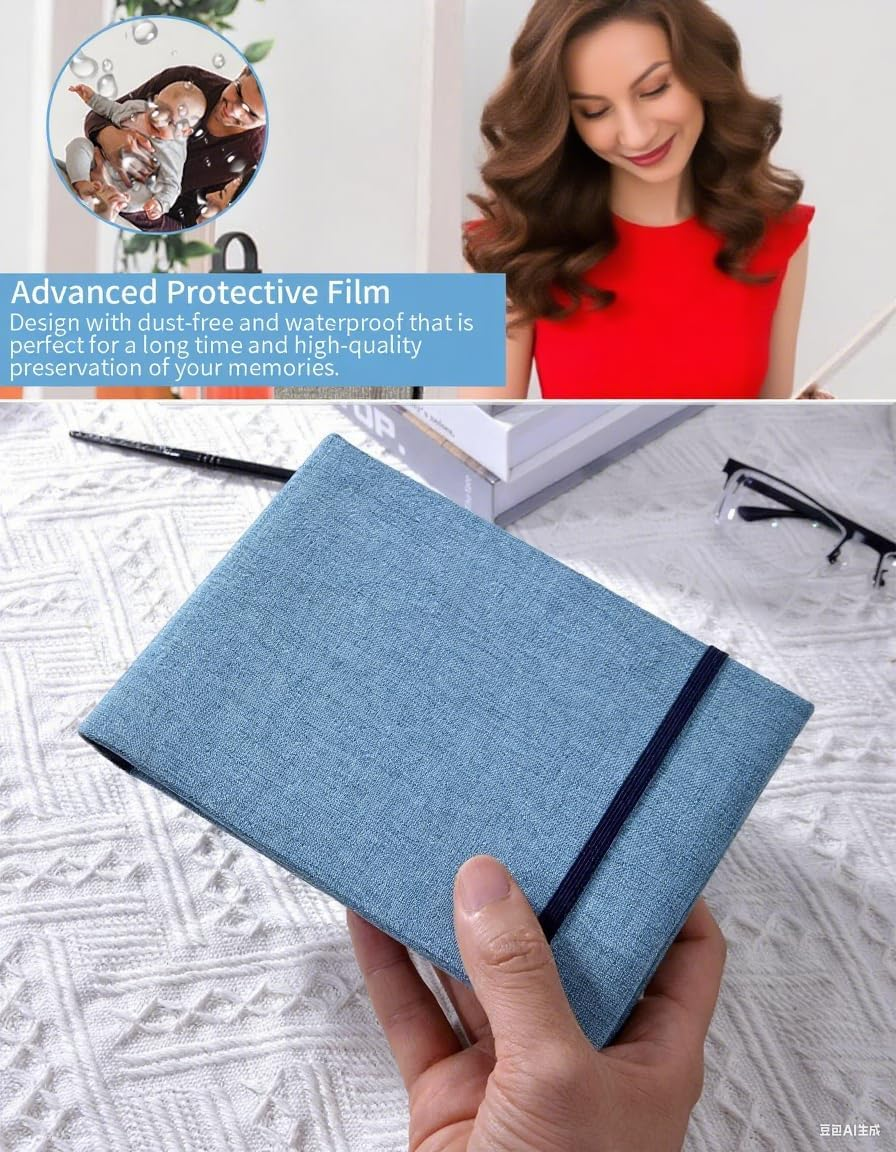 Mini Photo Album, 4X6Inch 100 Photos Pockets Linen Cover Scrapbook for Artwork Postcards Pictures Storage, Baby Tethered Picture Album Binder for Gifts, Small DIY Photos Books to Record Memories (BL) image number 1