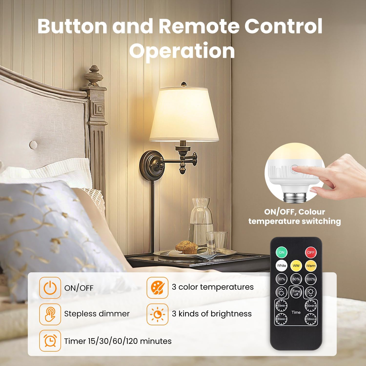 MOKOQI Rechargeable Light Bulbs with Remote Control E27 LED Light Bulb with Dimming and Timer, Magnetic Detachable Bulb for Wall Sconce and Lamp Replace, 2 Pack image number 4