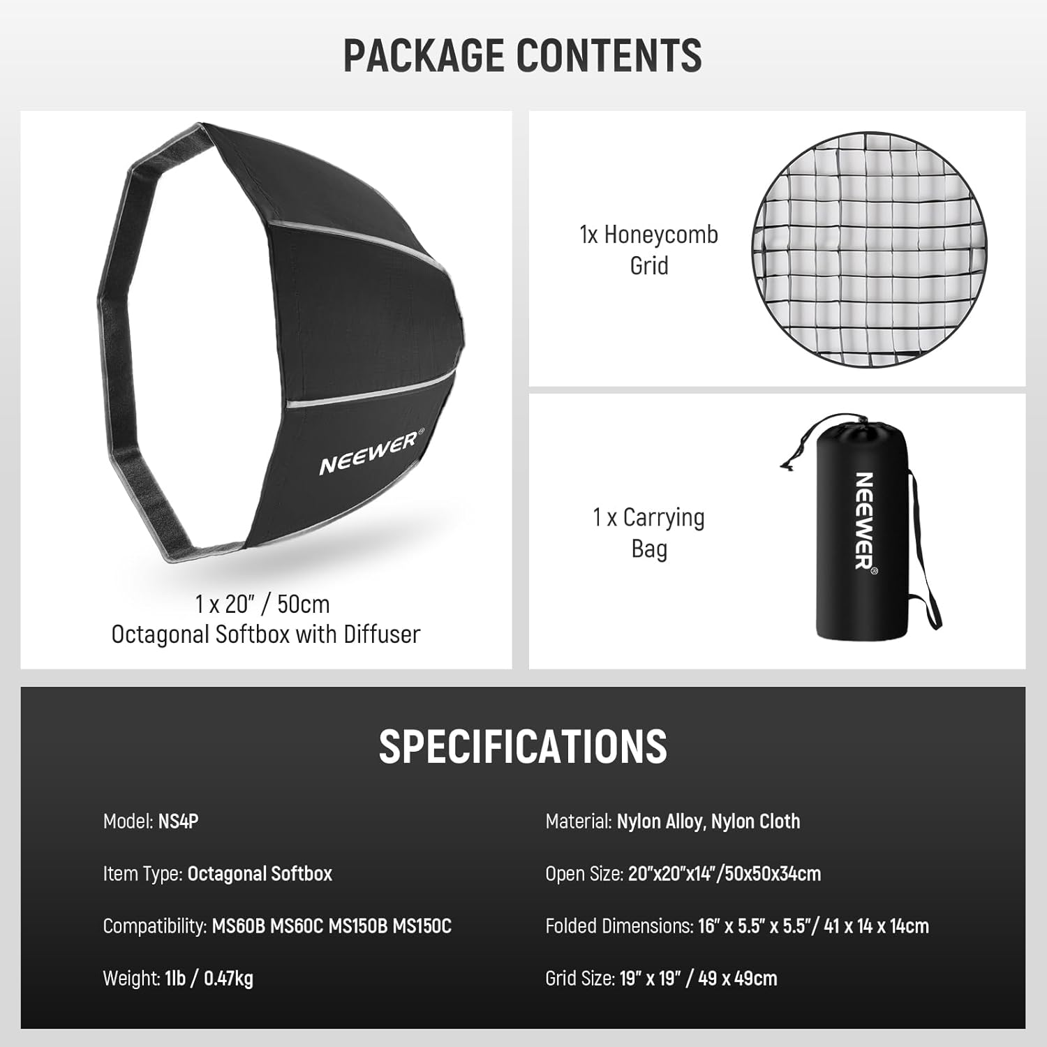 NEEWER Octagonal Softbox 50Cm with NEEWER Mount(Not Bowens Mount),Octabox Softbox Folding &Quick Installation with Honeycomb Light Diffuser/Grid for MS60 MS60B MS60C MS150B LED Video Studio Light,Ns4P image number 5