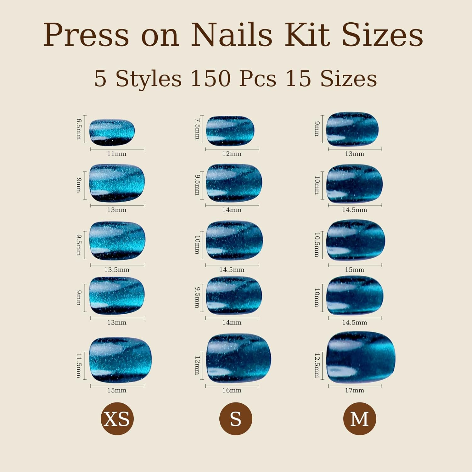 150 Pcs Cat Eye Press on Nails Short 5 Styles round Square Fake Nail Tip Kit Glitter Acrylic Gel False Stick on Manicure DIY Natural for Women Girl