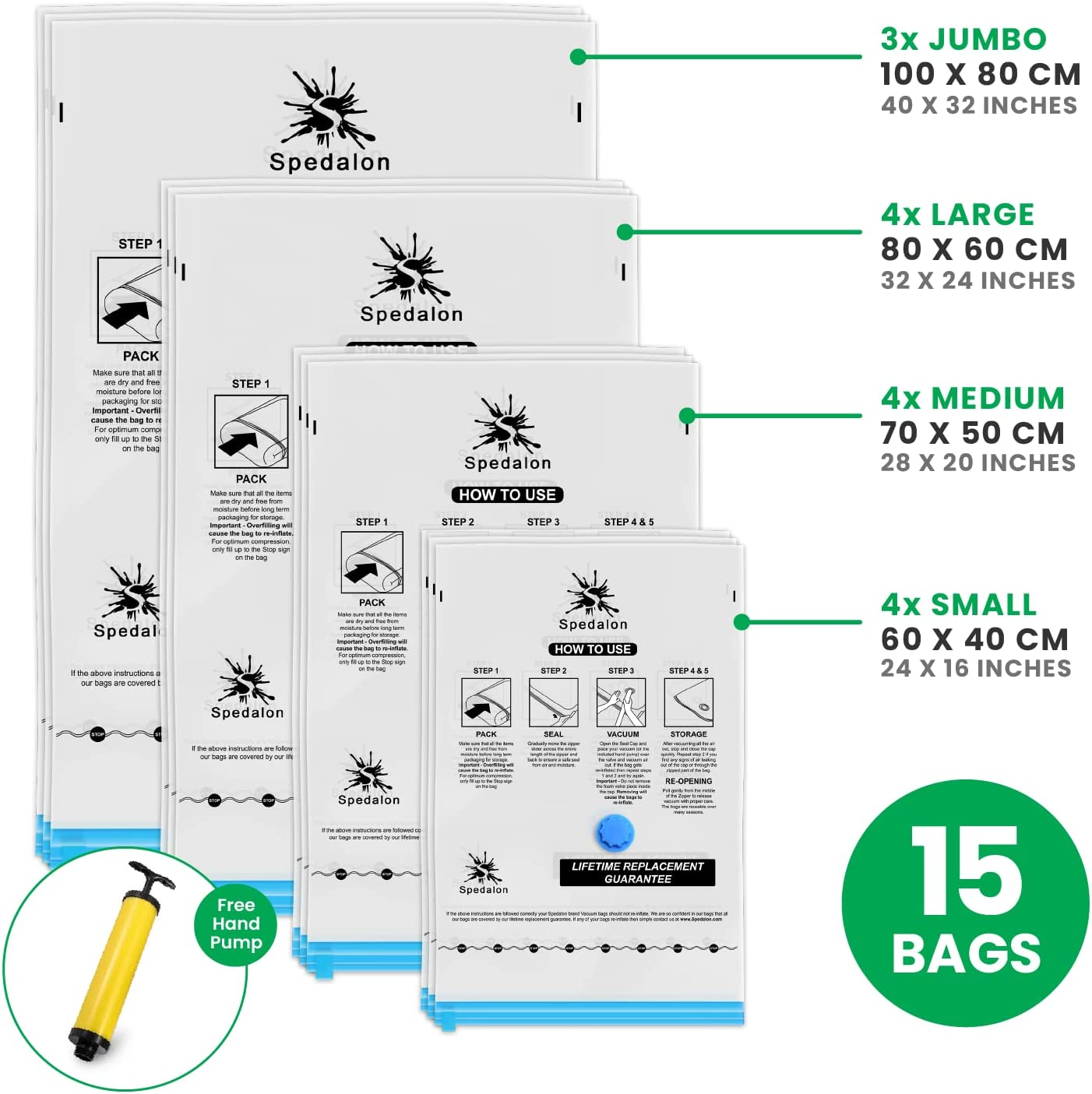 Vacuum Storage Bags - Pack of 15 (3 Jumbo + 4 Large + 4 Medium + 4 Small) Reusable Space Savers | Free Hand Pump for Travel Packing. Best Sealer Bags for Clothes, Duvets, Bedding, Pillows, Blankets image number 5