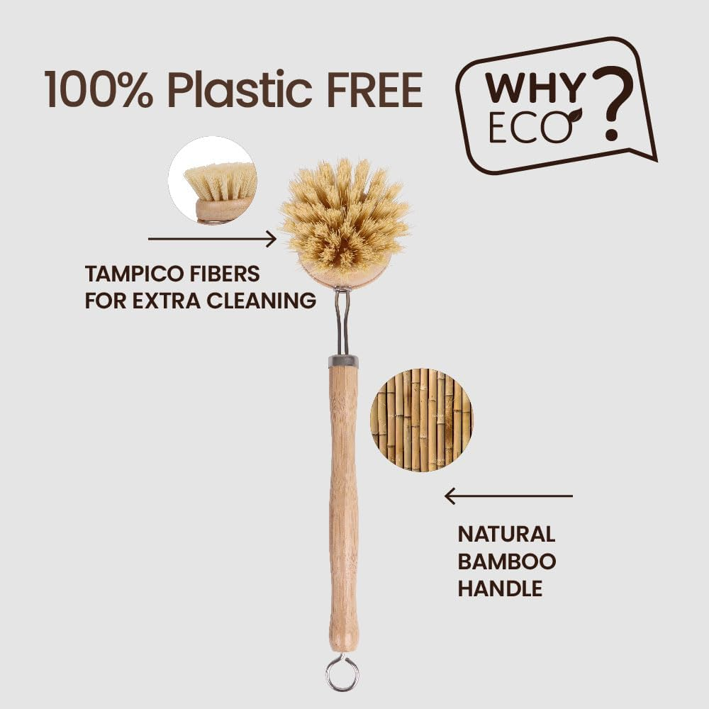 Eco Basics Plastic-Free Kitchen Cleaning Brush Set of 5 | Vegetable Brush, Dish Brush + Refills, Pot Brush & Bottle Brush | Bamboo & Tampico Fiber | Sustainable, Biodegradable & Eco-Friendly Tools image number 4