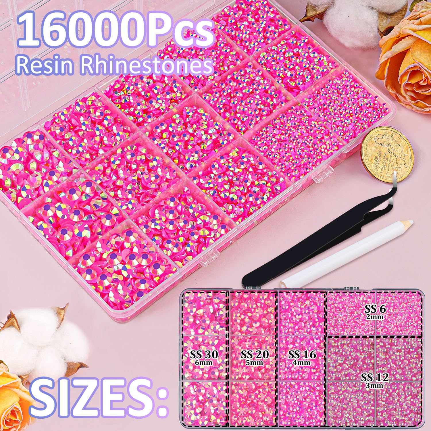 16000Pcs Resin Jelly Rhinestones with Tweezers for Crafting, Hot Pink AB 2-6Mm Mixed Sizes Flatback Gems, Bedazzling Crystal for DIY Crafts Clothing Tumblers Mugs Shoes Fabric Nail Art image number 2
