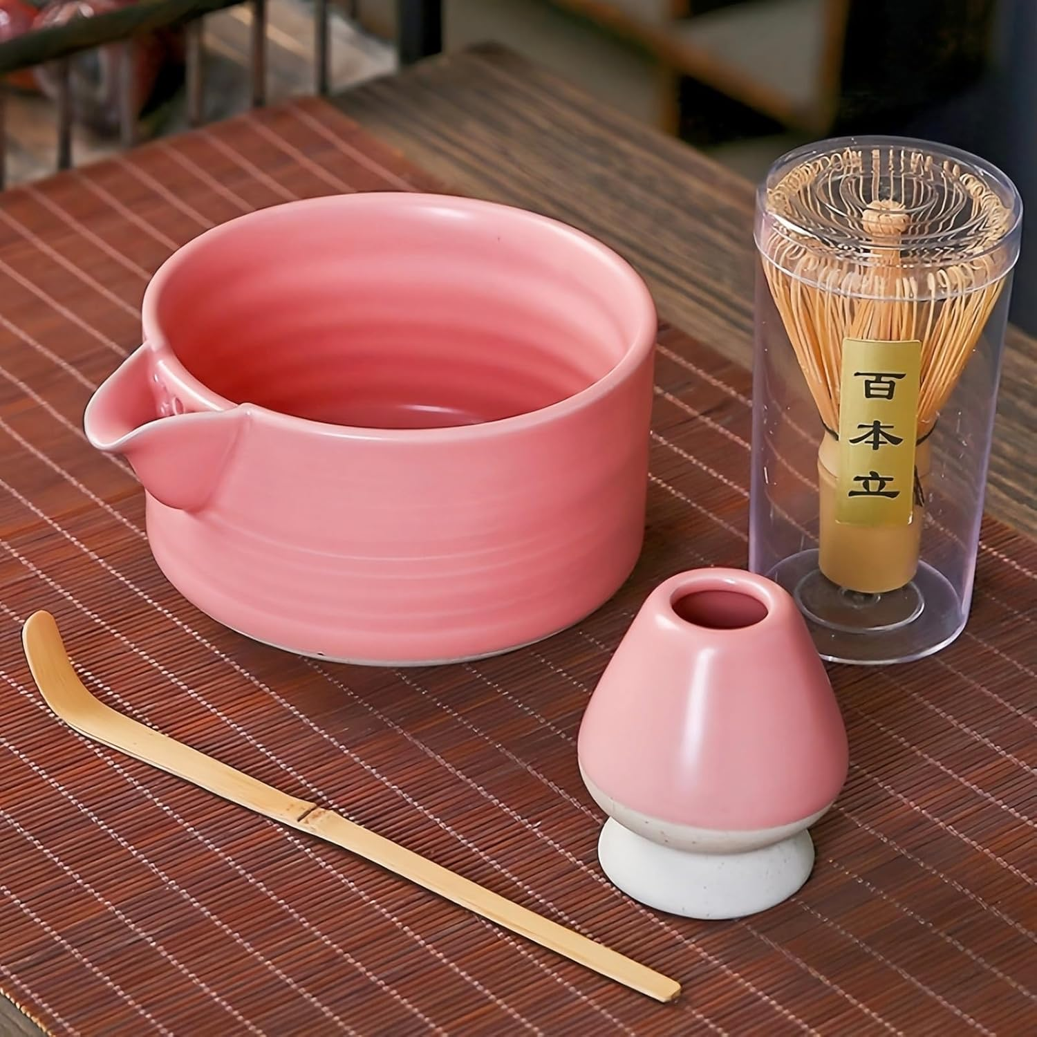Matcha Whisk Set 7Pcs Matcha Bowl Sets Pink Matcha Tea Bowl Bamboo Whisk Matcha Scoop Whisk Holder Scoop Holder Stainless Steel Tea Steel Sifter Tea Cloth Japanese Matcha Tea Accessory image number 3