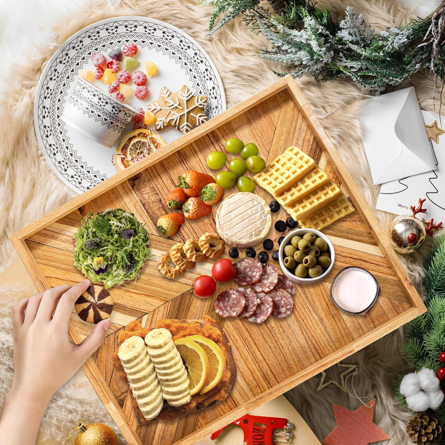 Handmade Wooden Serving Tray - 3 Style Design Collection | Solid Wood Inlay, Matte Finish | Ideal for Weddings & Housewarming Gift image number 1