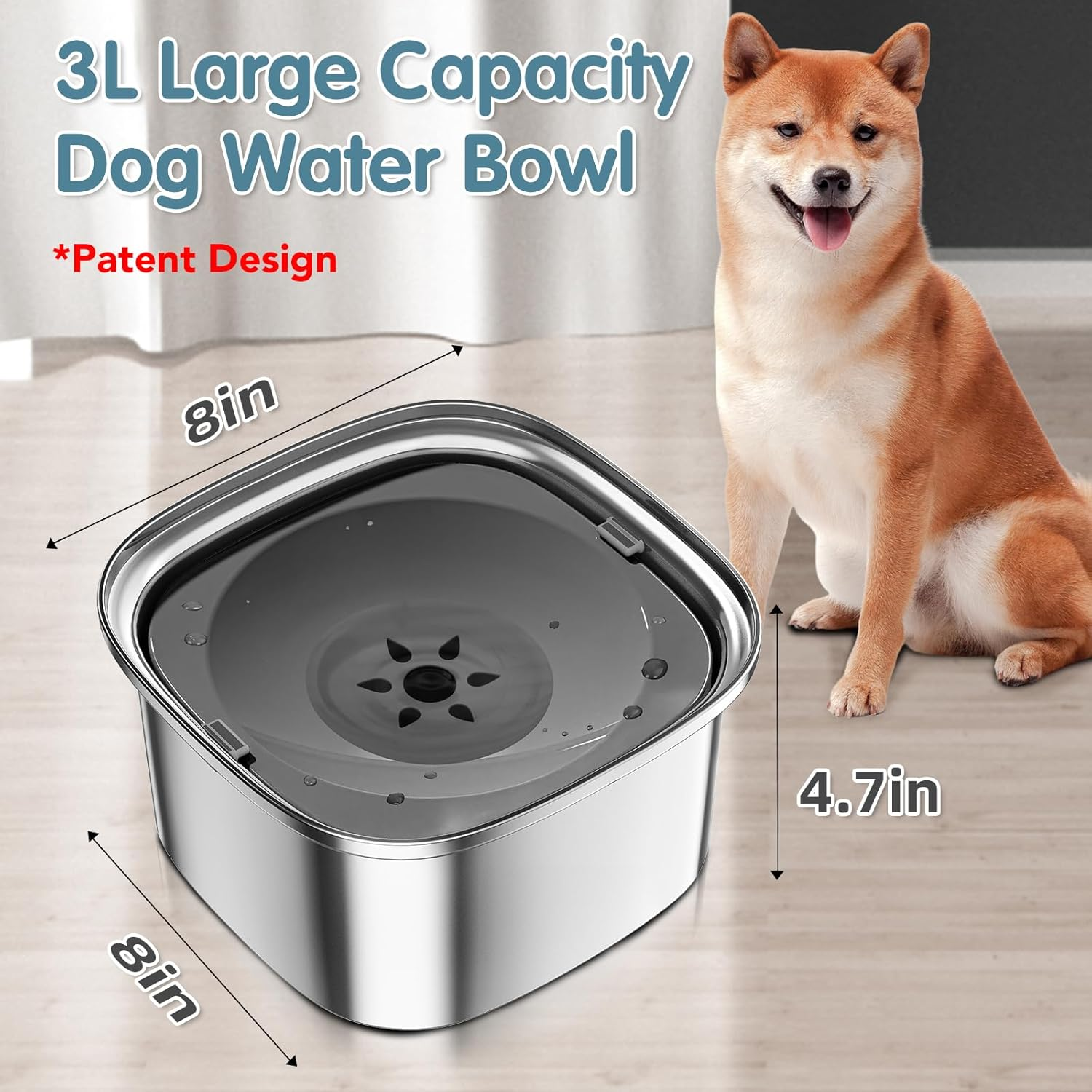 UPSKY 3L Dog Water Bowl 101Oz Stainless Steel Dog Bowl No Spill Large Capacity Dog Food Water Bowl Slow Water Feeder,Spill Proof Pet Water Dispenser Vehicle Carried Travel Water Bowl Dogs,Cats 1.Grey image number 5
