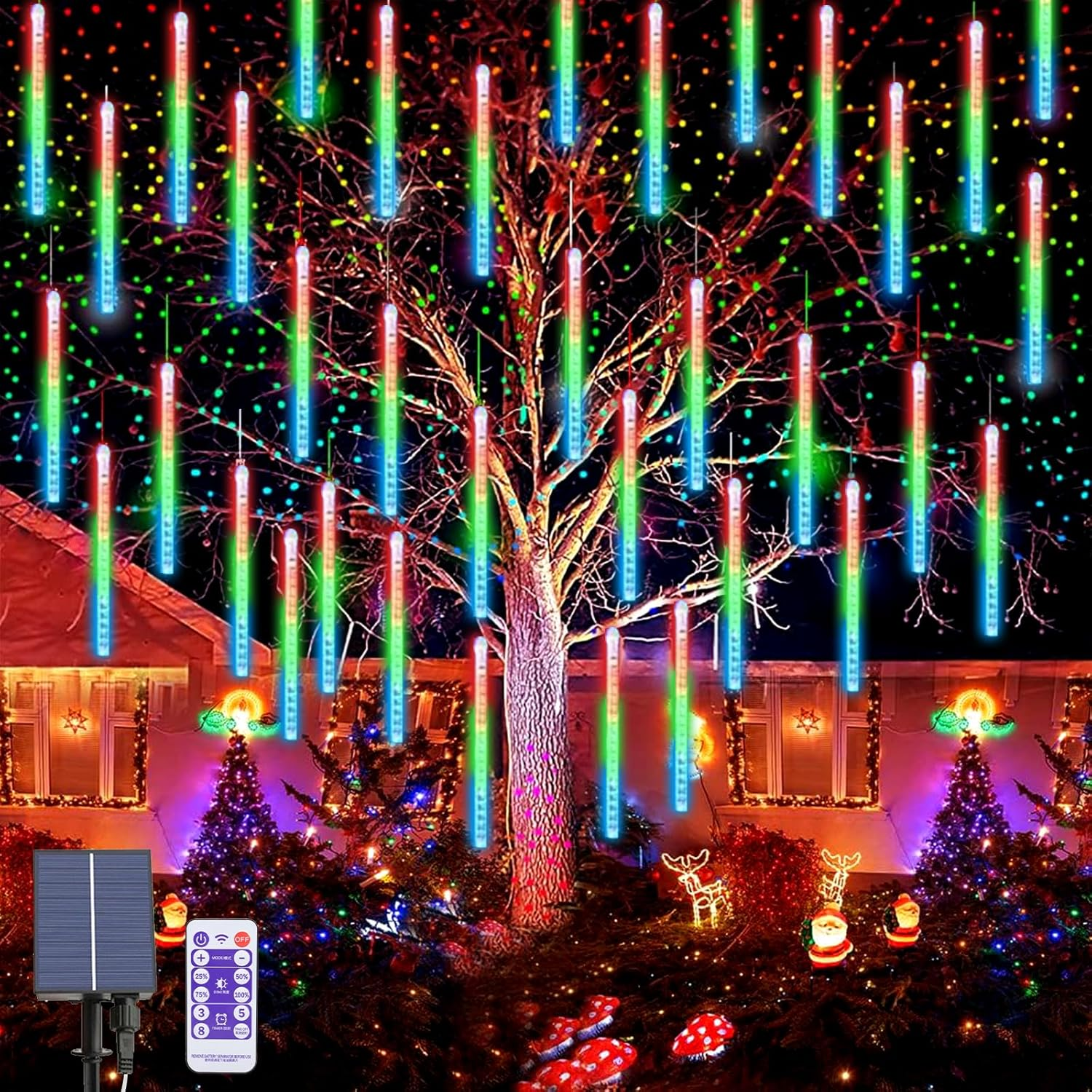 OPAHUTER Solar Meteor String Lights with Remote, 240 Leds Falling Rain Lights, 30Cm 10 Tubes Meteor Shower Rain Lights Waterproof Snowfall LED Lights for Party Wedding Garden Christmas Tree