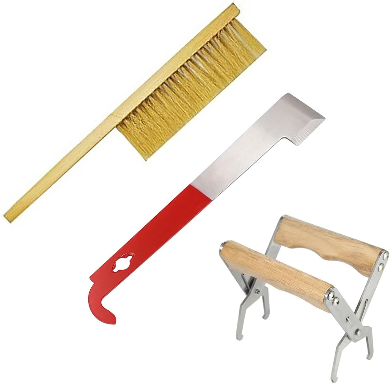 OZBEE 3Pcs Bee Hive Tools for Beekeepers, Stainless Steel J Hook Frame Lifter & Scraper, Bee Hive Frame Grip Holder Lifter, Beekeeping Brush with Wooden Handle, Flow Hive Beekeeping Accessories image number 3