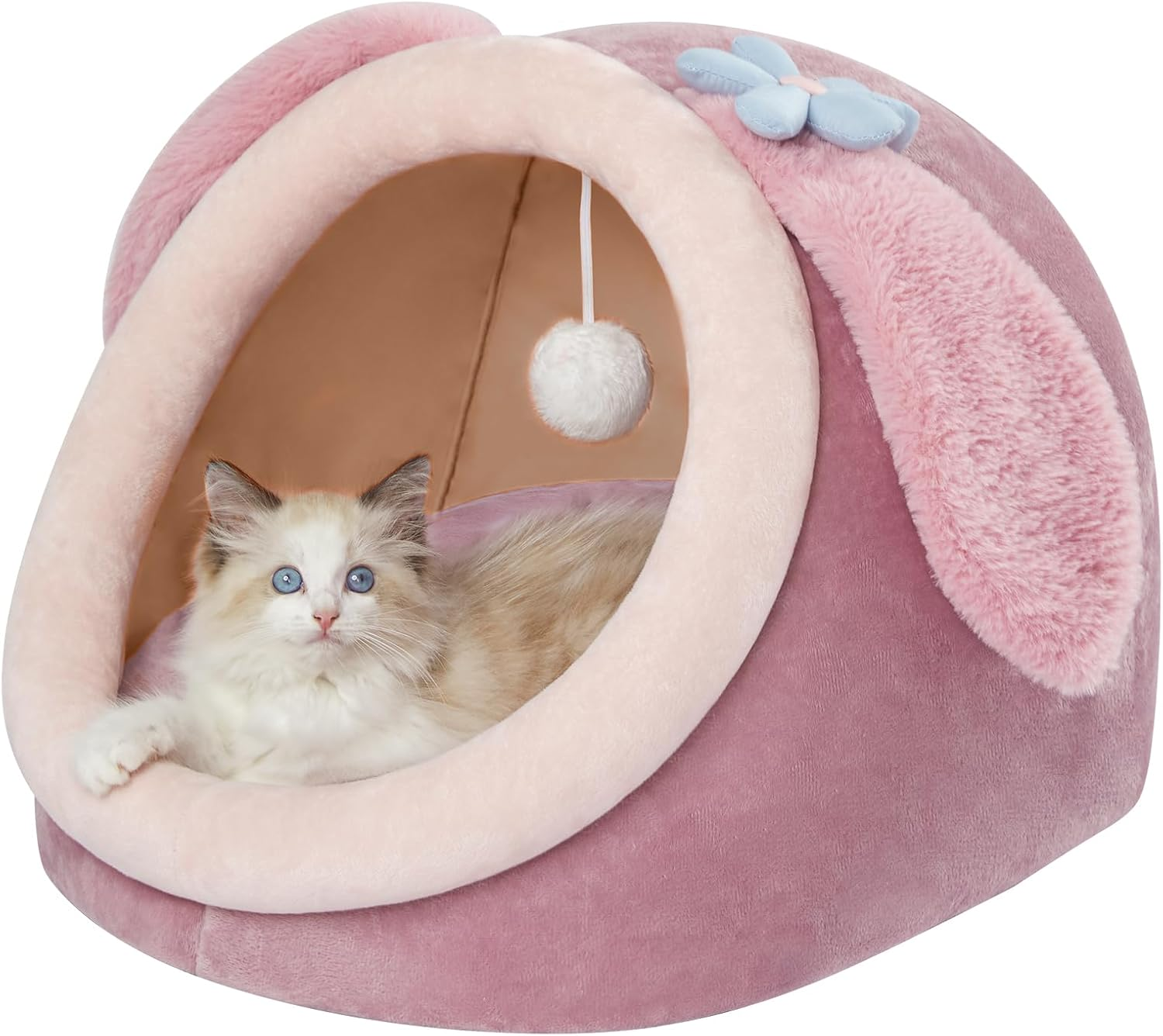 Jiupety Cute Cat Bed, Indoor Lovely Velvet Igloo for Cat and Small Dog, Warm Cave Sleeping Nest Bed for Puppy and Kitten, Green Frog, M image number 2