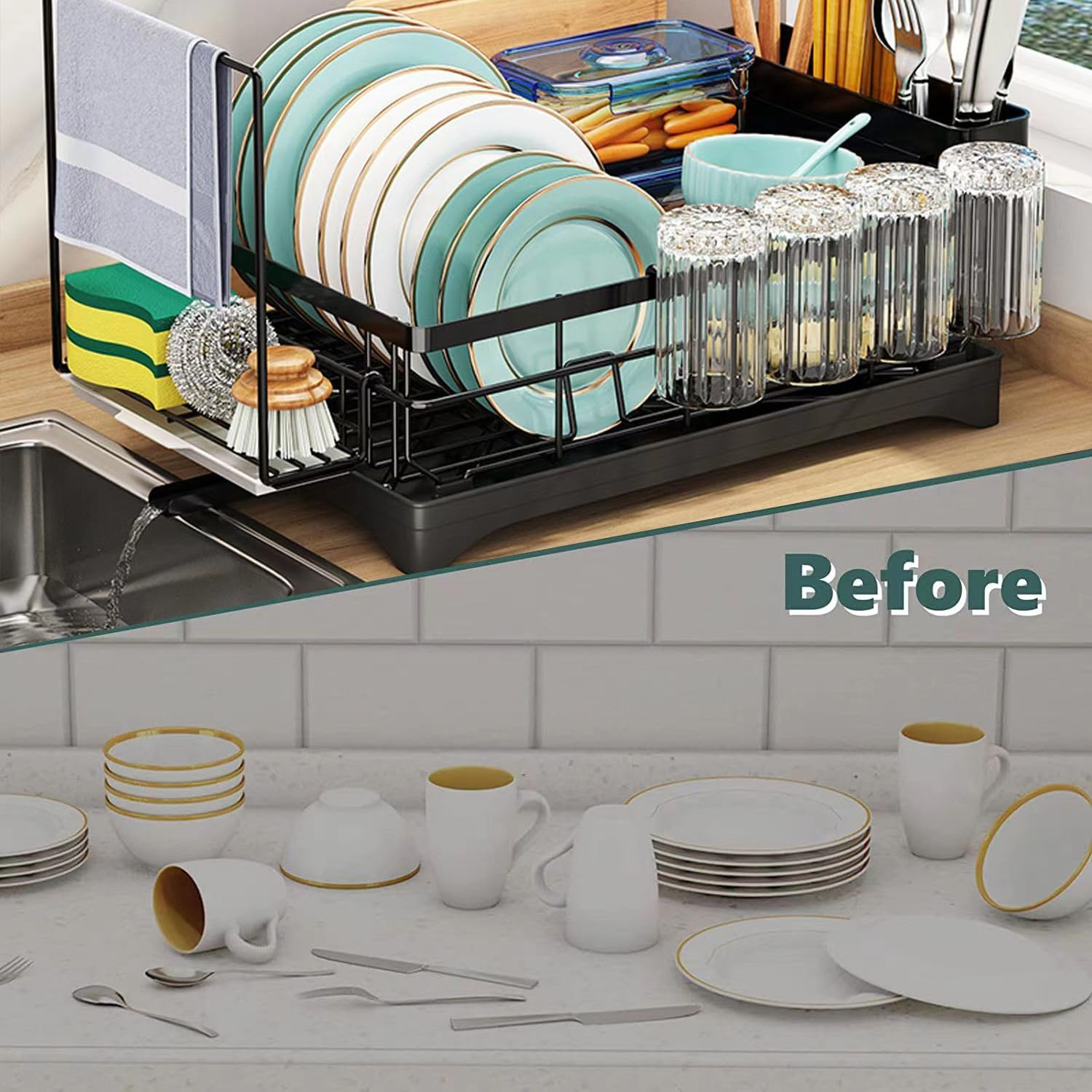Dish Drying Rack - Space-Saving for Kitchen Counter, Durable Stainless Steel Rack with a Cutlery Holder, for Dishes, Knives, Spoons, and Forks image number 3