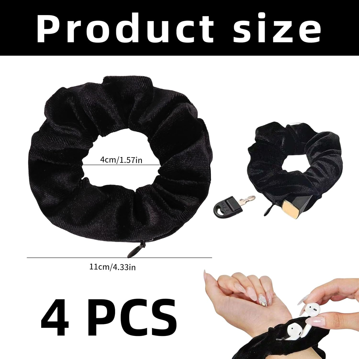 Pack of 4 Black Hair Scrunchies with Zip, Scrunchies Velvet Travel Gadgets for Women, Hair Bobbles with Money Hiding, Valuables Hiding Place, Beach, Hair Bobbles Women'S Velvet Fabric Large For image number 1