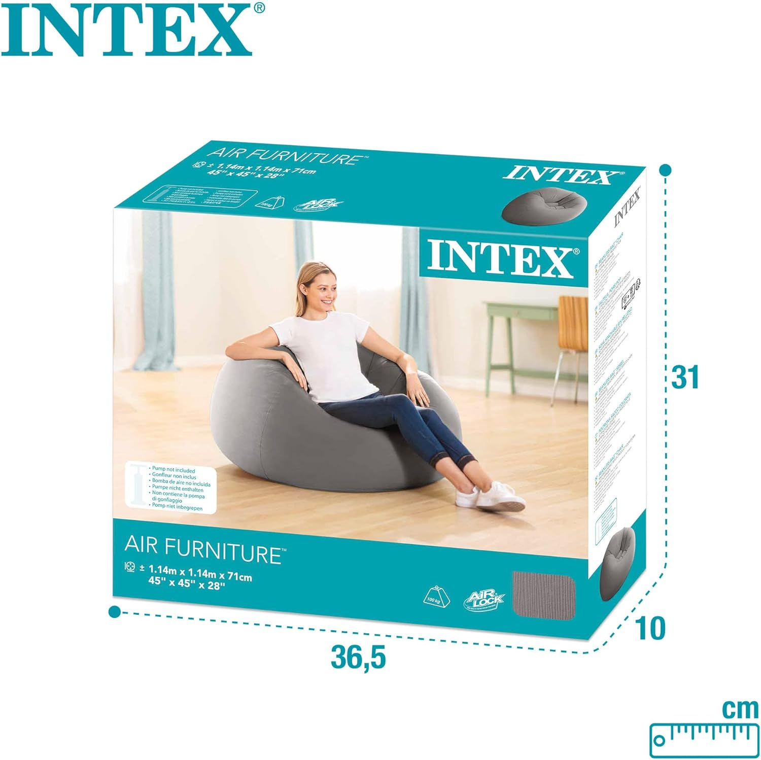 Intex 68579EP Beanless Bag Inflatable Lounge Chair: Corduroy Textured Flocking &ndash; Durable Vinyl &ndash; Folds Compactly &ndash; 220Lb Weight Capacity &ndash; 45" X 45" X 28" image number 4