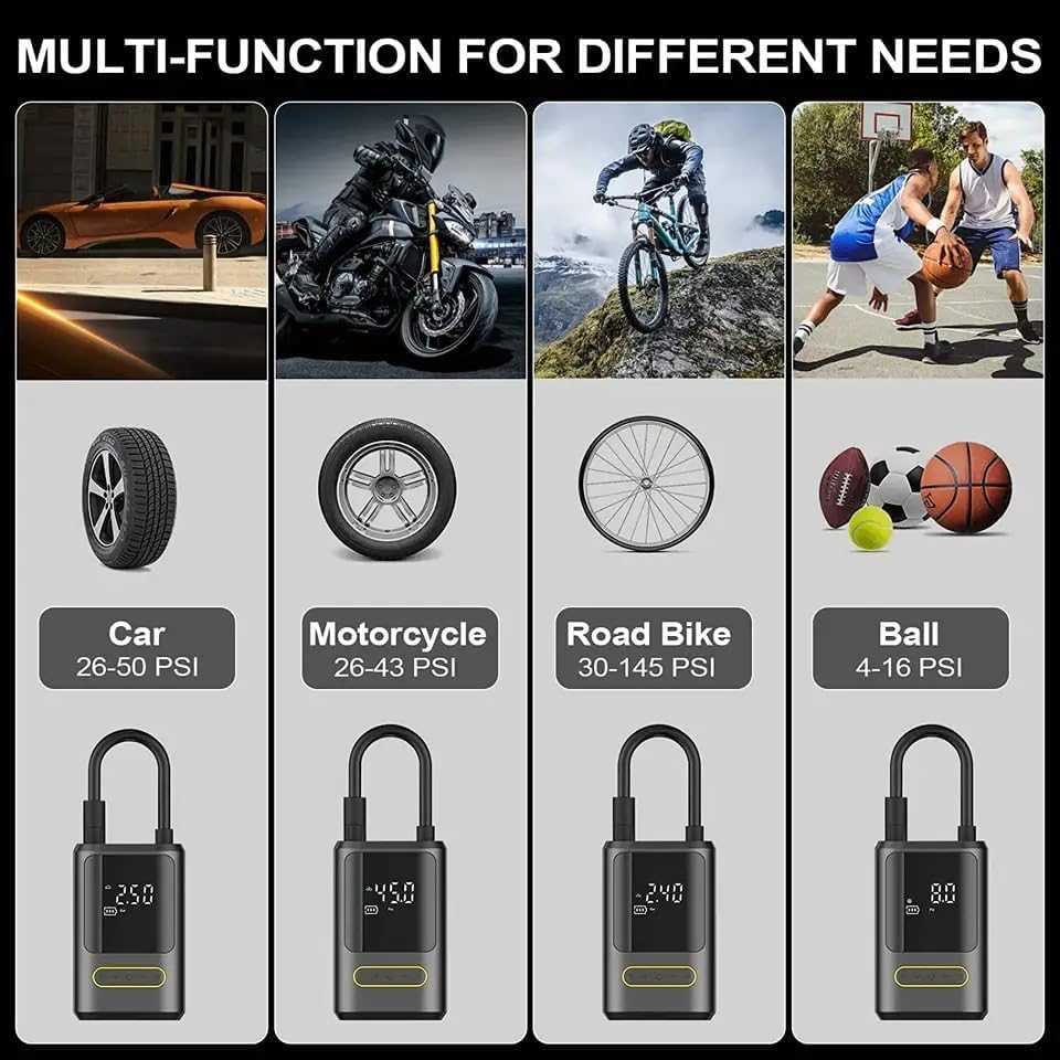 Tire Inflator Portable Air Compressor, 150Psi Portable Tire Air Pump for Car Bicycle Motorcycle, Compact Cordless Air Inflator with Digital Tire Pressure Gauge and LED Light image number 6