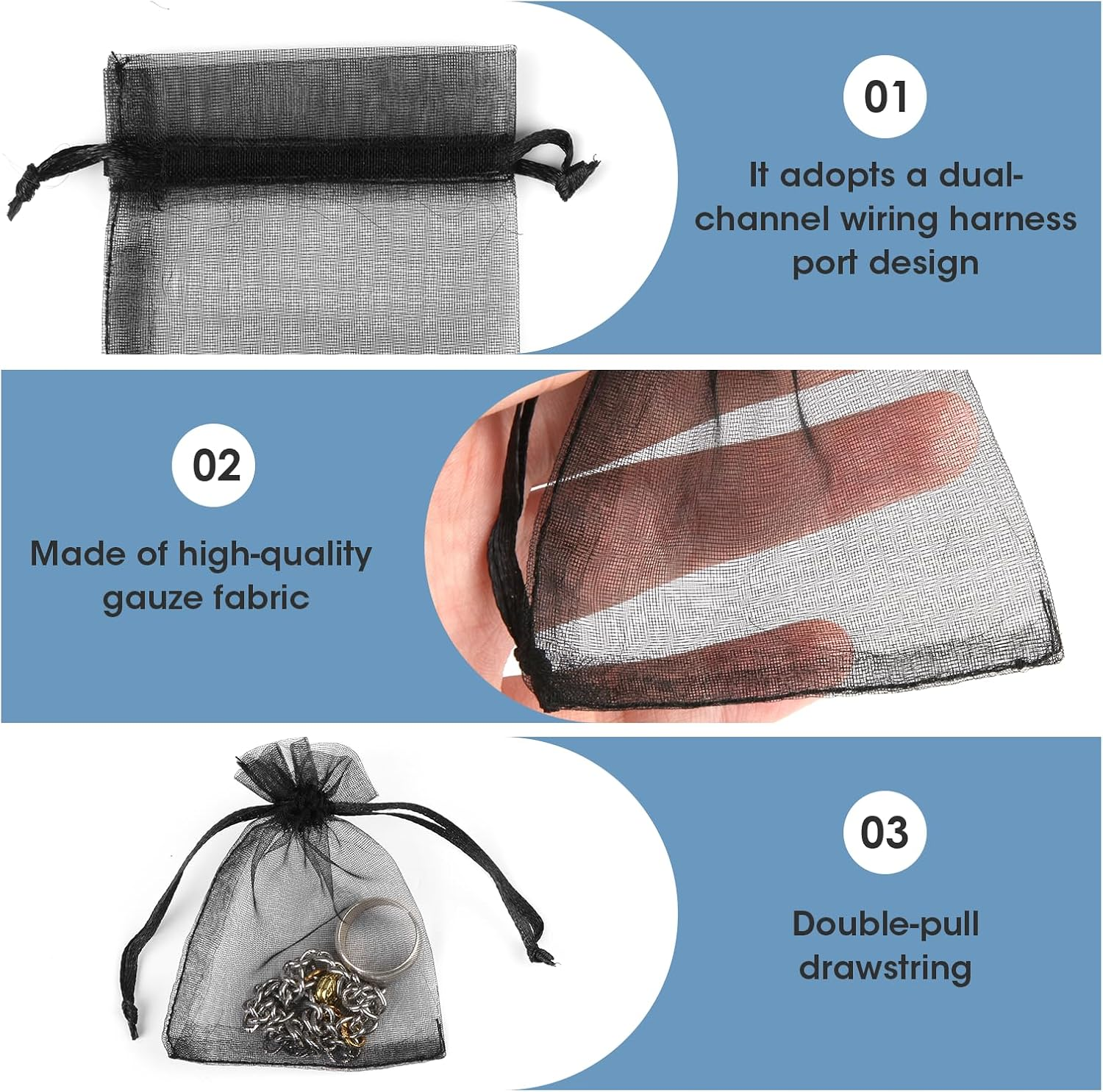 100 Pcs Organza Jewelry Bags Drawstring (Black & White) 2.8 X 3.5 Inch, Elegant Gift Bags for Wedding Favors, Jewelry, and Small Gifts, Premium Mesh Mini Bags for Special Occasions and Keepsakes image number 3