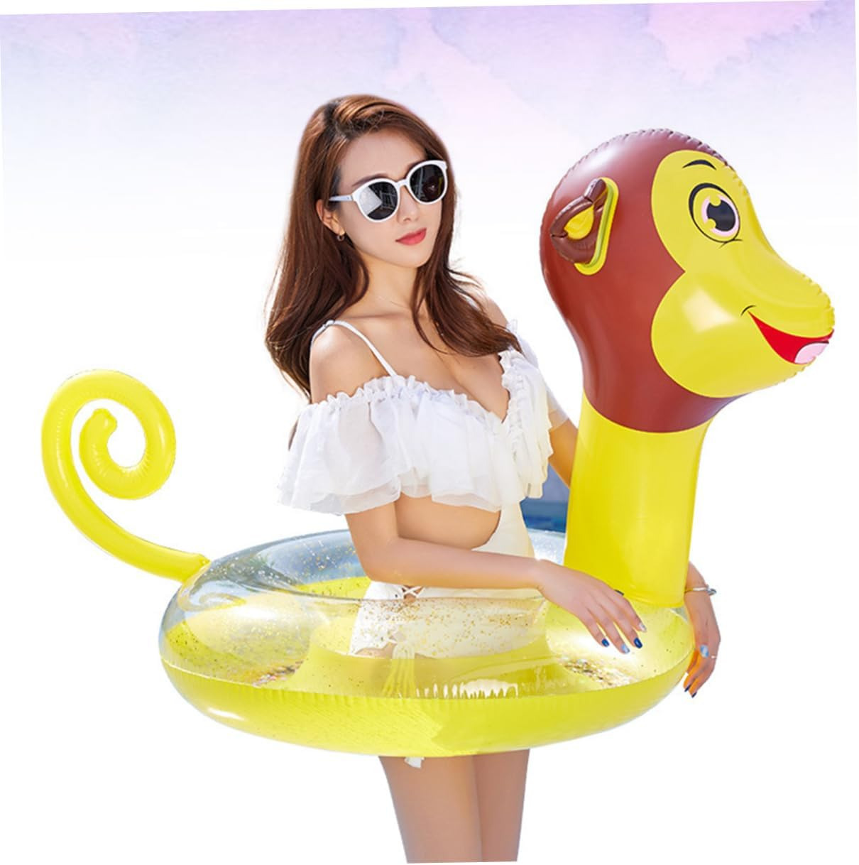 WOONEKY Inflatable Cartoon Monkey Pattern Swim Ring for Adults, Thickened PVC Water Playing Ring with Sequins, Summer Pool Floating Toy for Water Entertainment image number 4