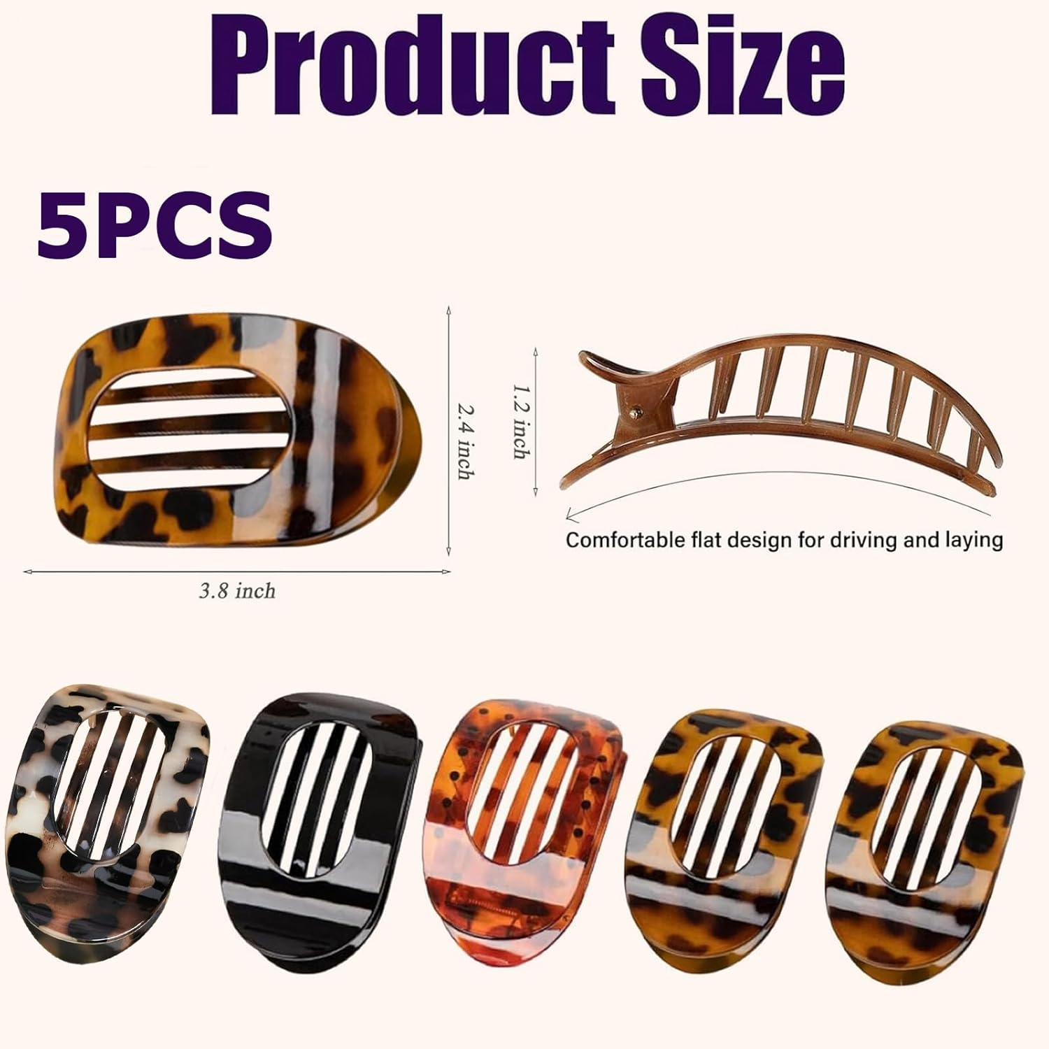 5 Pcs Flat Hair Clips French round Lay down Claw Clips for Women, Duckbill Design Strong Hold Clip, Flat Claw Barrettes for Thick/Thin Hair, Comfortable for Driving/Lying, Stylish Hair Accessories (5) image number 4