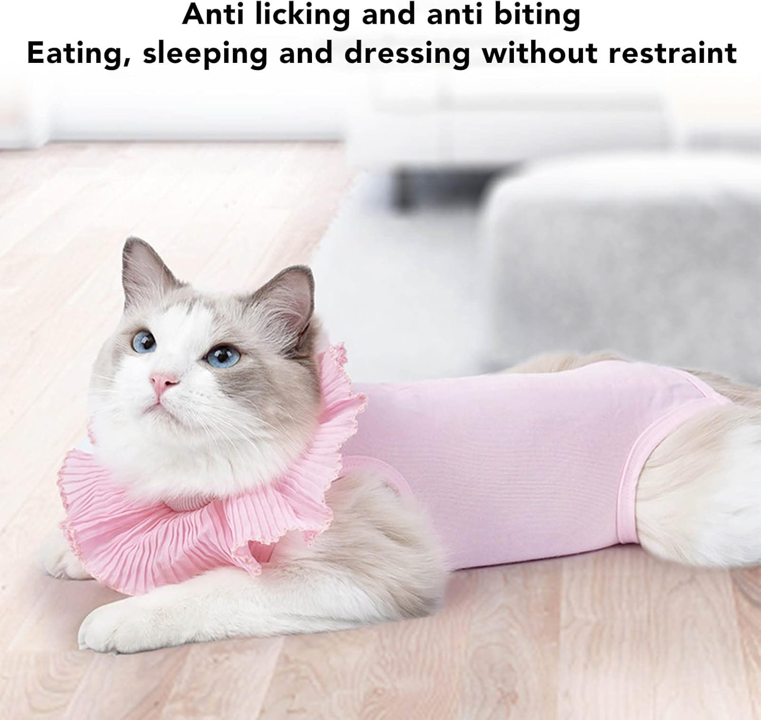 Cat Recovery Suit, Lace Neckline Cat Recovery Shirt with Adjustable Buckle, Kitten Surgry Full Bodysuit Bandages Cone E-Collar Alternative for Cats Kitten (M) image number 3