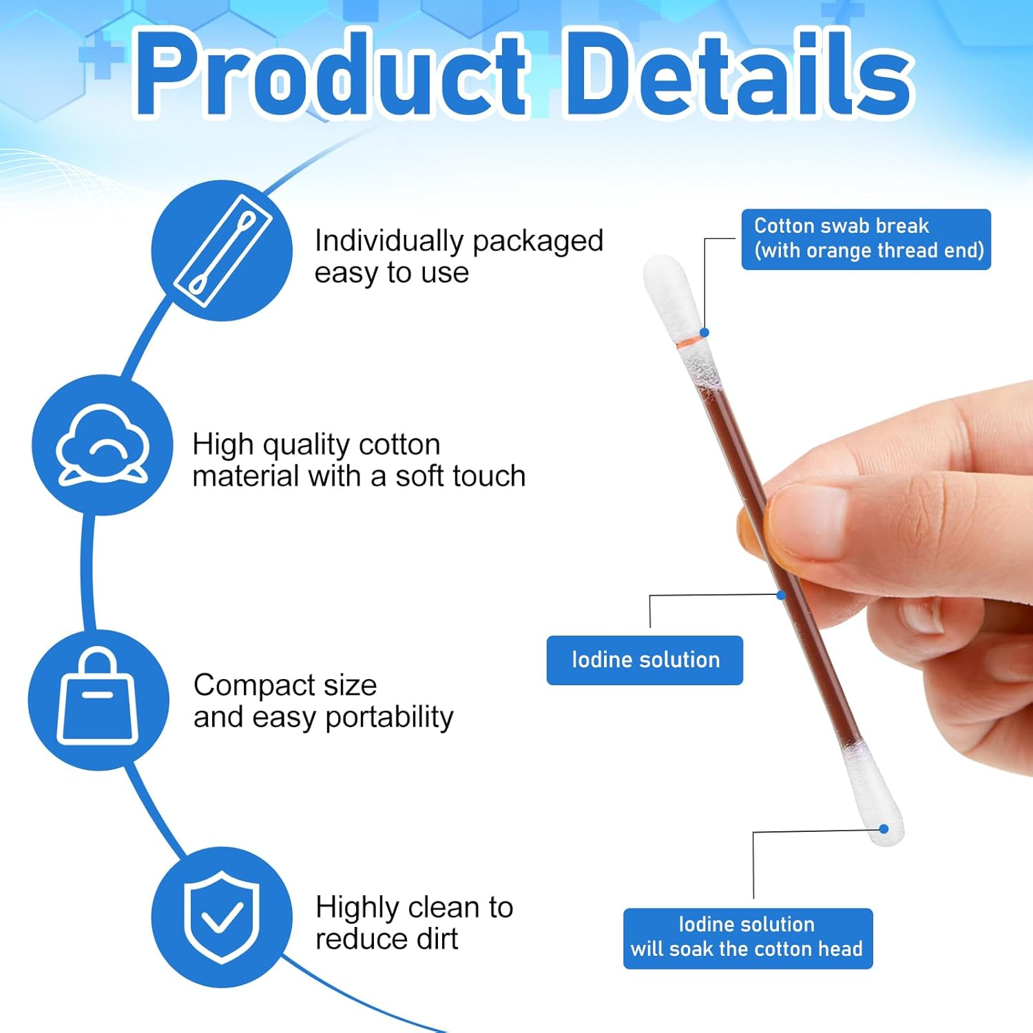 50 Pcs Cotton Iodine Swabs Individually Wrapped - Disposable Iodophor Swabsticks Medical Sanitary First Aid Kit Emergency Care Safety for Adult Kids image number 6