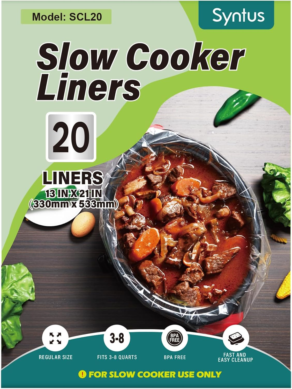 Syntus Slow Cooker Liners, 20 Count Cooking Bags Large Size Disposable Pot Liners Plastic Bags, Fit 3QT to 8QT for Slow Cooker Cooking Trays, 13"X 21", 20 Liners image number 3