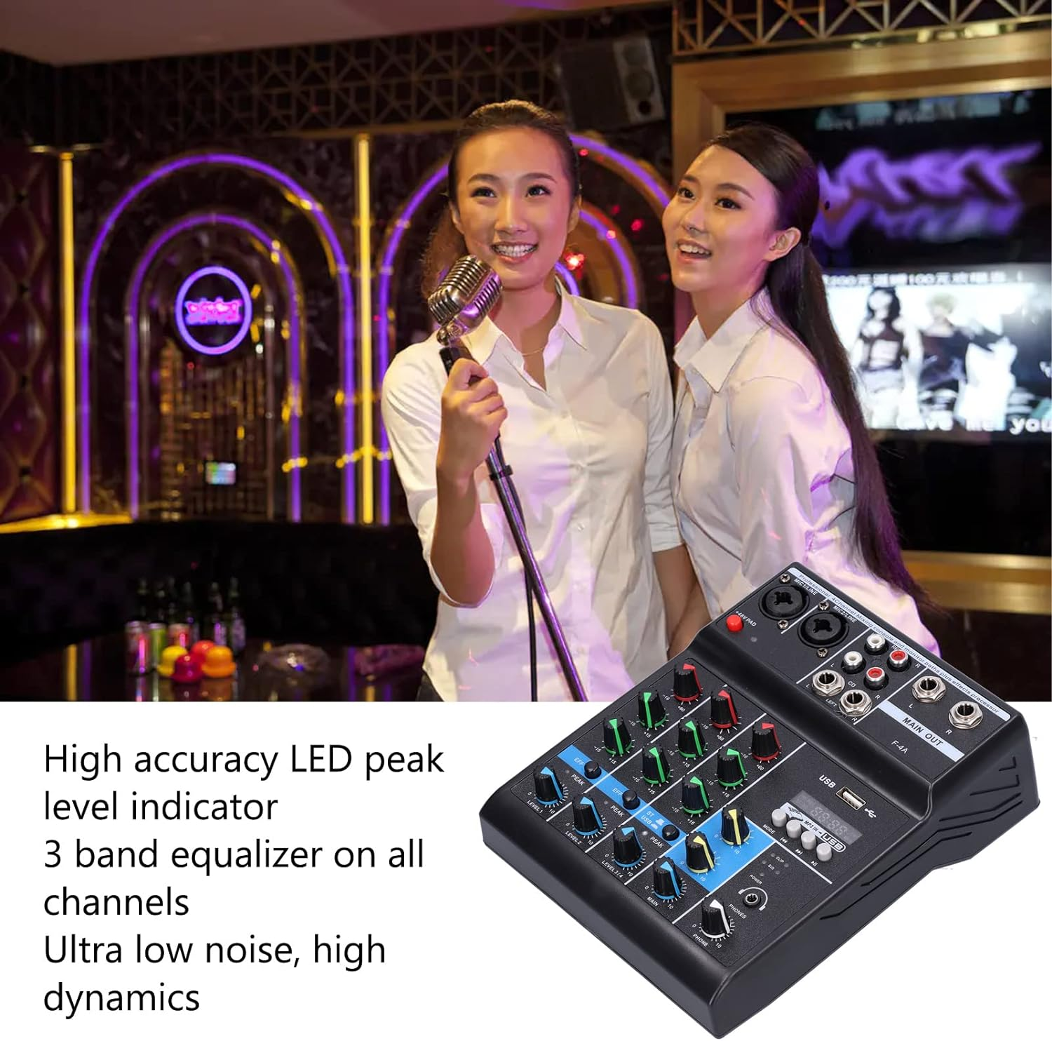 F4A Audio Live Mixer USB Interface Audio Mixer 4 Channel, Stereo DJ Sound Controller for Home Karaoke, USB Live Stage KTV, Soundcard for PC Recording image number 2