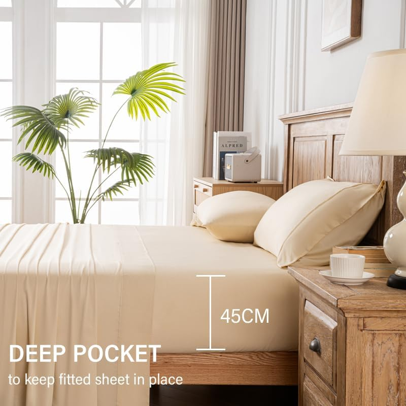 Lakora Bamboo Sheet Set Queen Size - 1000TC Set with Fitted Sheet, Flat Sheet - Cooling Bedding with Deep Pocket- Breathable, Soft, Hypoallergenic for Hot Sleepers (Champagne,Queen) image number 4