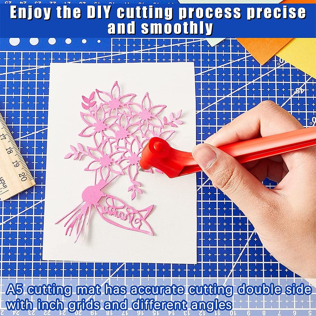 Craft Cutting Tools Kit Set of 3 ，360 Degree Rotating Cutting Tools Art Cutting Tools with Cutting Pen, 15&deg;, 30&deg;, 45&deg; Blades Cutting Mat for DIY Craft Hobby Scrapbook Stencil(Yellow, Blue and Red) image number 2