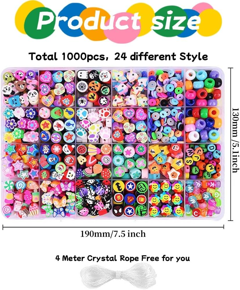 1000PCS Craft Beads Set, Colourful Polymer Beads with String, DIY Jewellery Making Kit image number 1
