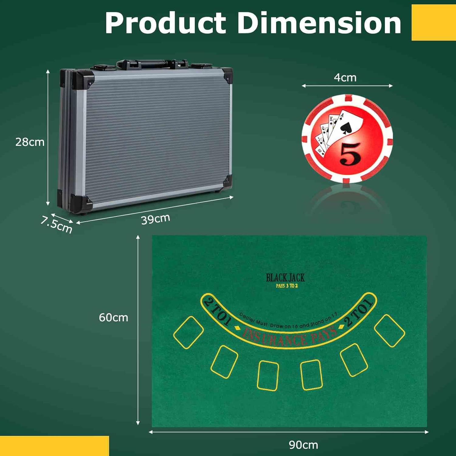 Costway Texas Holdem Poker Chip Set, Casino Poker Chips W/400 Pieces Chips, 2 Deck of Cards & Dealer Button, 5 Dices, Poker Felt, Aluminum Suitcase, Casino Poker Chip Set for Family Night, Travel image number 5