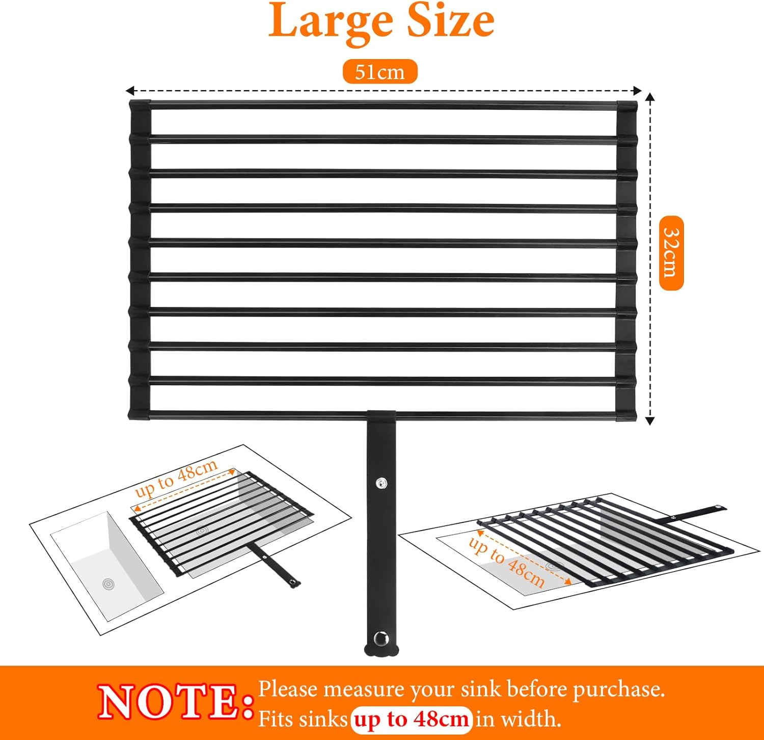 Euqvunn Roll Dish, Large Foldable Sink Drainer Mat Rack with Anti-Slip Silicone Edges and Strap, for Drying Plates, Bowls, Cups, 51X32Cm, Black