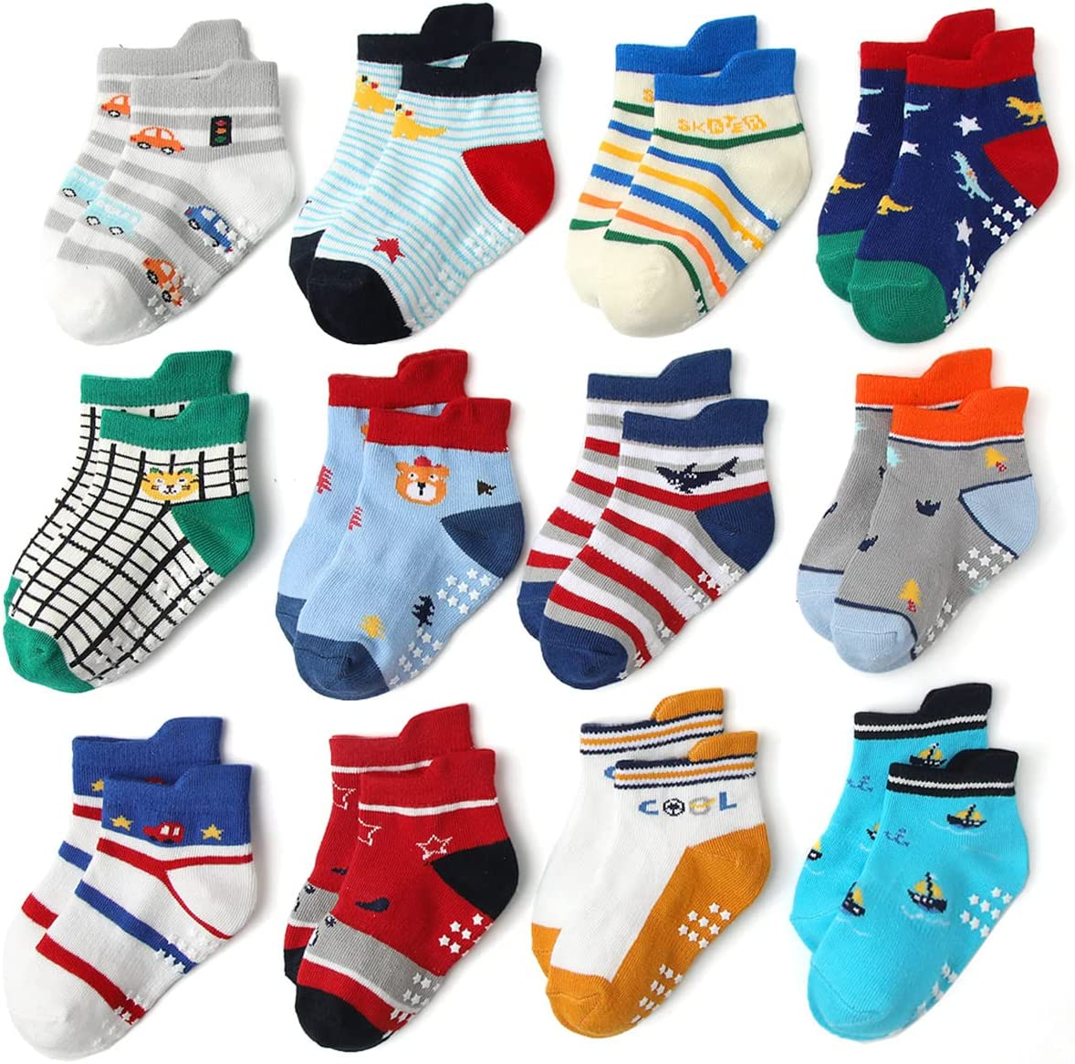 Baby Non Slip Grip Ankle Socks,12-Pack Cotton Crew Socks for 1-3/3-5 Years Old Infants Toddlers Kids Boys Girls Crawling Unisex Ankle Socks Non Skid Sole