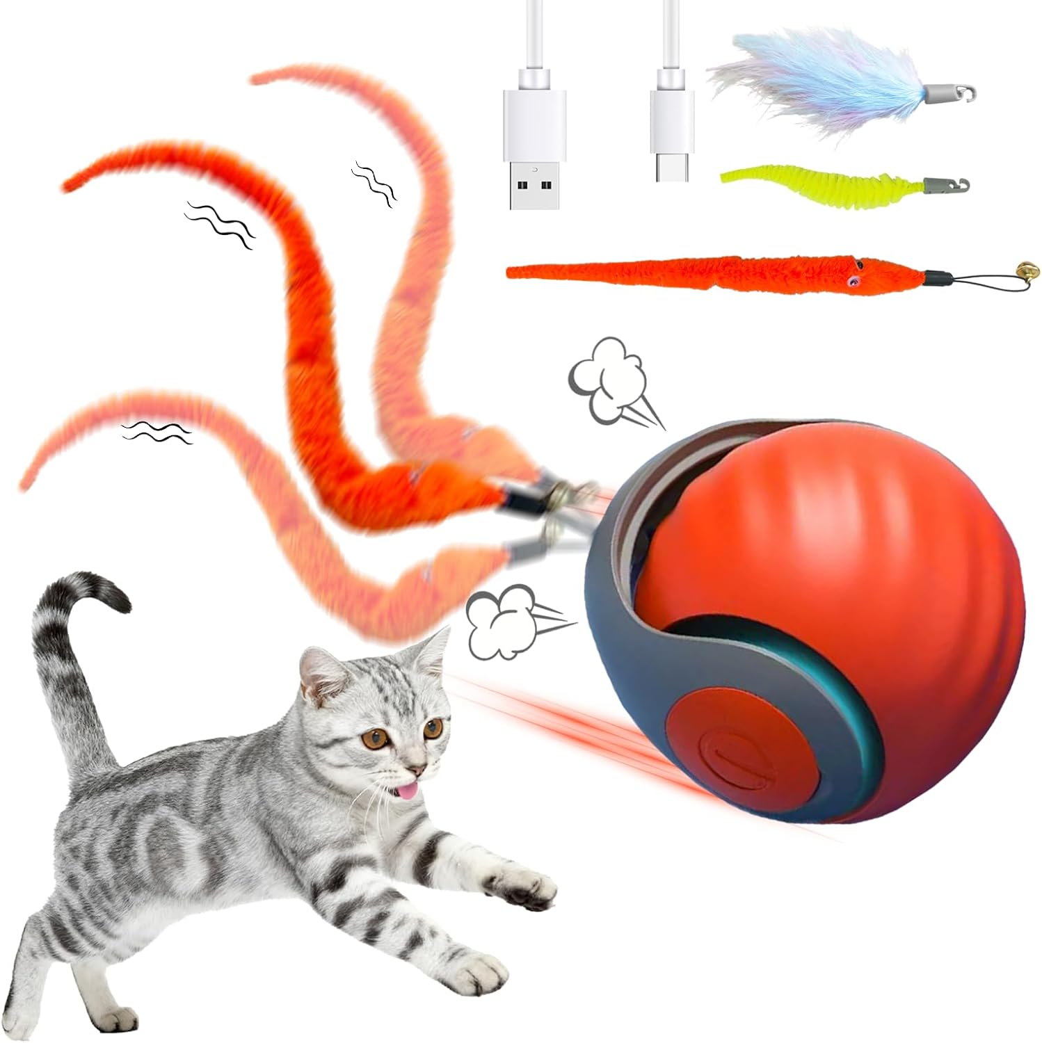 Interactive Cat Toy, Cat Ball, Electric Cat Toy with USB, Two Working Modes, Cat Toy with 3 Replacement Tails, Intelligence Toy for Cats (Orange) image number 5