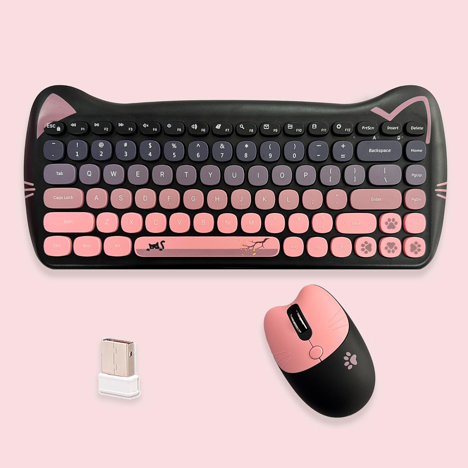 Cute Cat Keyboard and Mouse Combo Wireless, Kawaii Keyboard and Mouse for Girls and Kids, Soundless Colorful Keys, Compatible with Notebook, PC (Blackpink-110Keys)
