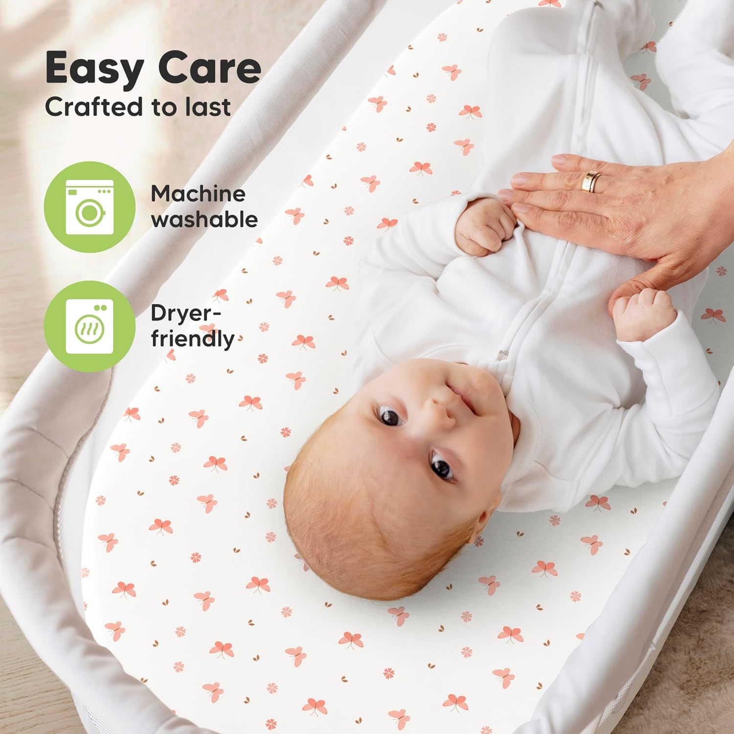 2-Pack Organic Bassinet Sheets for Girls, Boys -100% Cotton Bassinet Mattress Sheets Compatible with Halo Bassinest Swivel Sleeper, Graco,Baby Delight, Chicco,Unisex Fitted Bassinet Sheet(Butterflies) image number 1