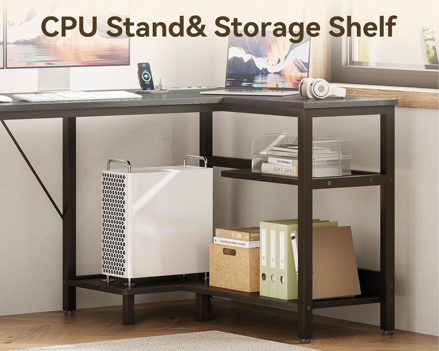 ODK 55Inch L Shaped Computer Desk with Power Outlet & Large File Drawer, Home Office Desk with Reversible Storage Shelves,Corner Desk for Home Office Bedroom Study Work,140 * 80 * 75.7Cm, Black image number 4