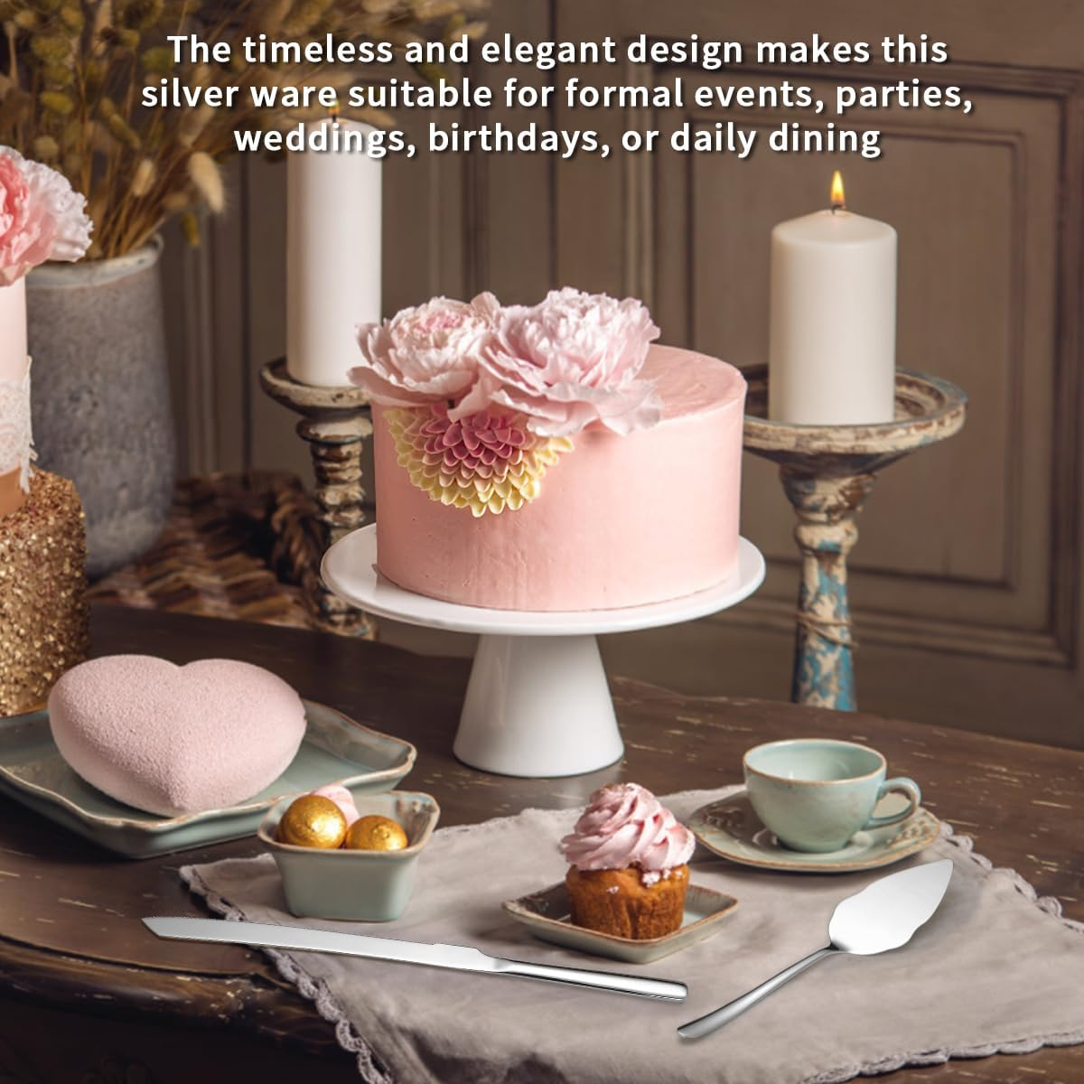 Evanda Wedding Cake Knife and Server Set 2 Pieces, Stainless Steel Cake Slice and Pie Server for Wedding, Party, Birthday, Dishwasher Safe image number 1