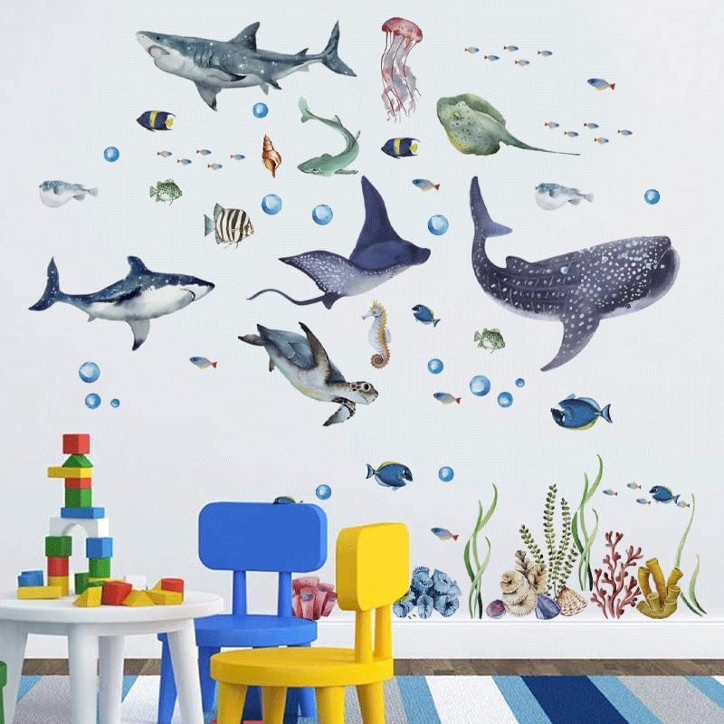 Large Watercolor Sharks Wall Decals Ocean Animal Peel and Stick Wall Sticker under the Sea Marine Life Theme Decals Room Home Decor Party Supply (30 * 90Cm, 4Pcs) image number 1