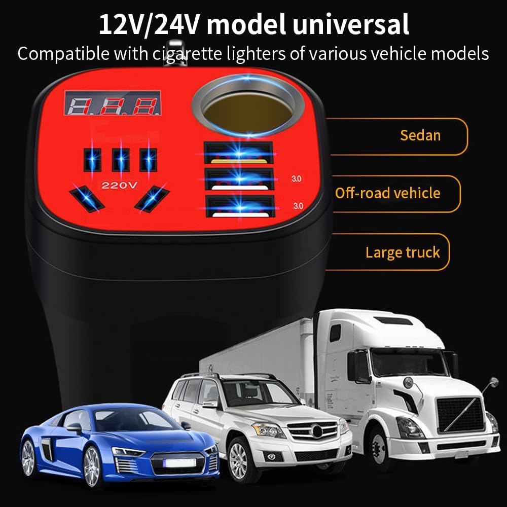 LAPOOH Car Mounted Inverter Converter QC 200W Car Power Inverter 5-In-1 12V24V to 220V Multifunctional QC3.0 Flash Charging