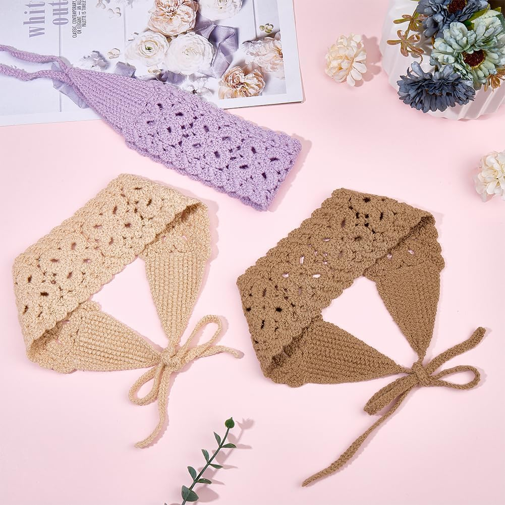 CABODYALS Pack of 3 3 Colours Bandana Headbands Purple Beige Khaki Crochet Boho Hair Scarf Head Wrap Vintage Lace Hollow Polyester Headscarves for Women Bridal Wedding Party Styling Dress Accessories image number 4