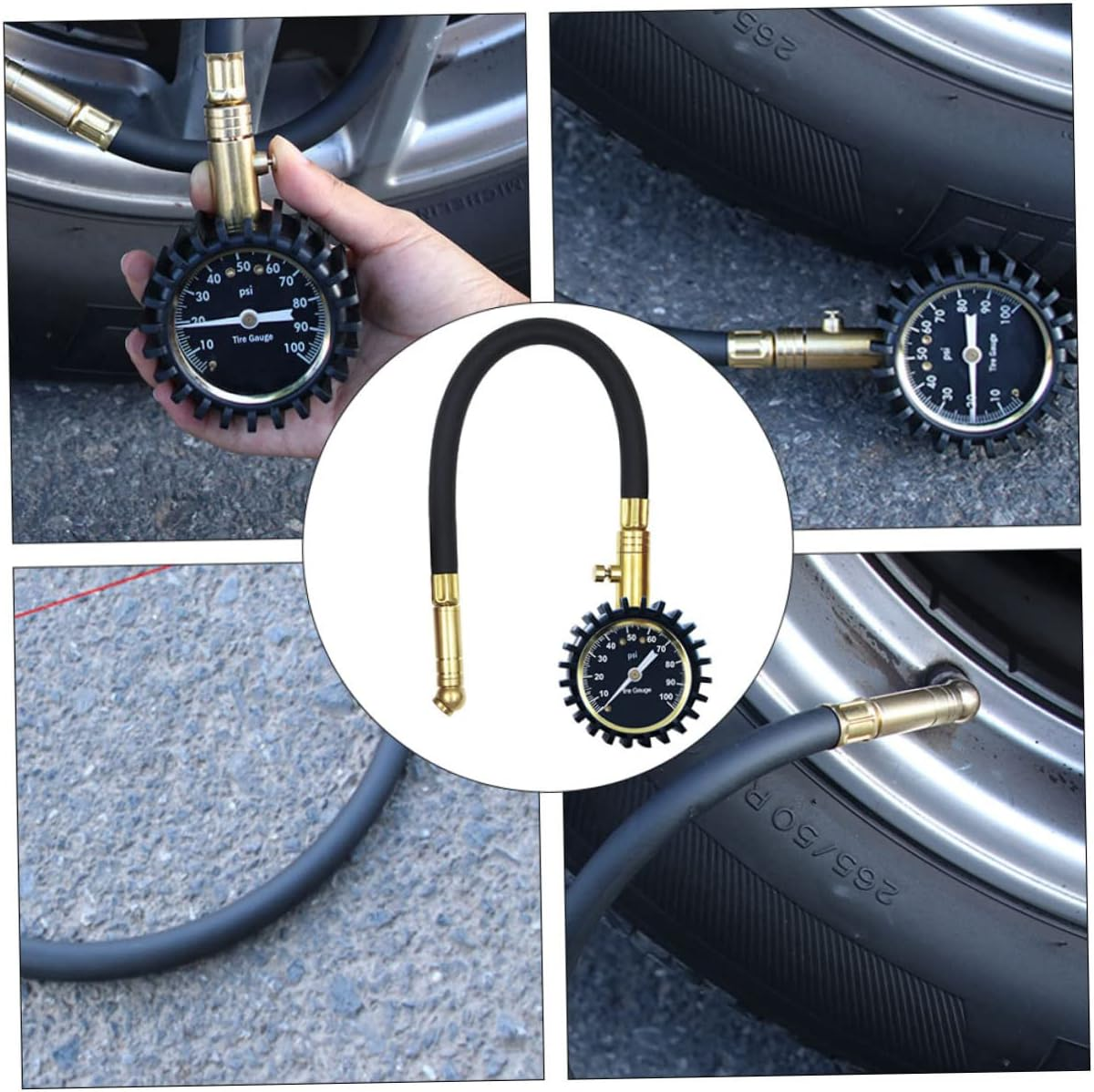 HORIALENCE Car Tire Pressure Gauge Air Tire Compressor with Flexible Copper Gold Tyre Gauge Inflator for Automotive image number 2