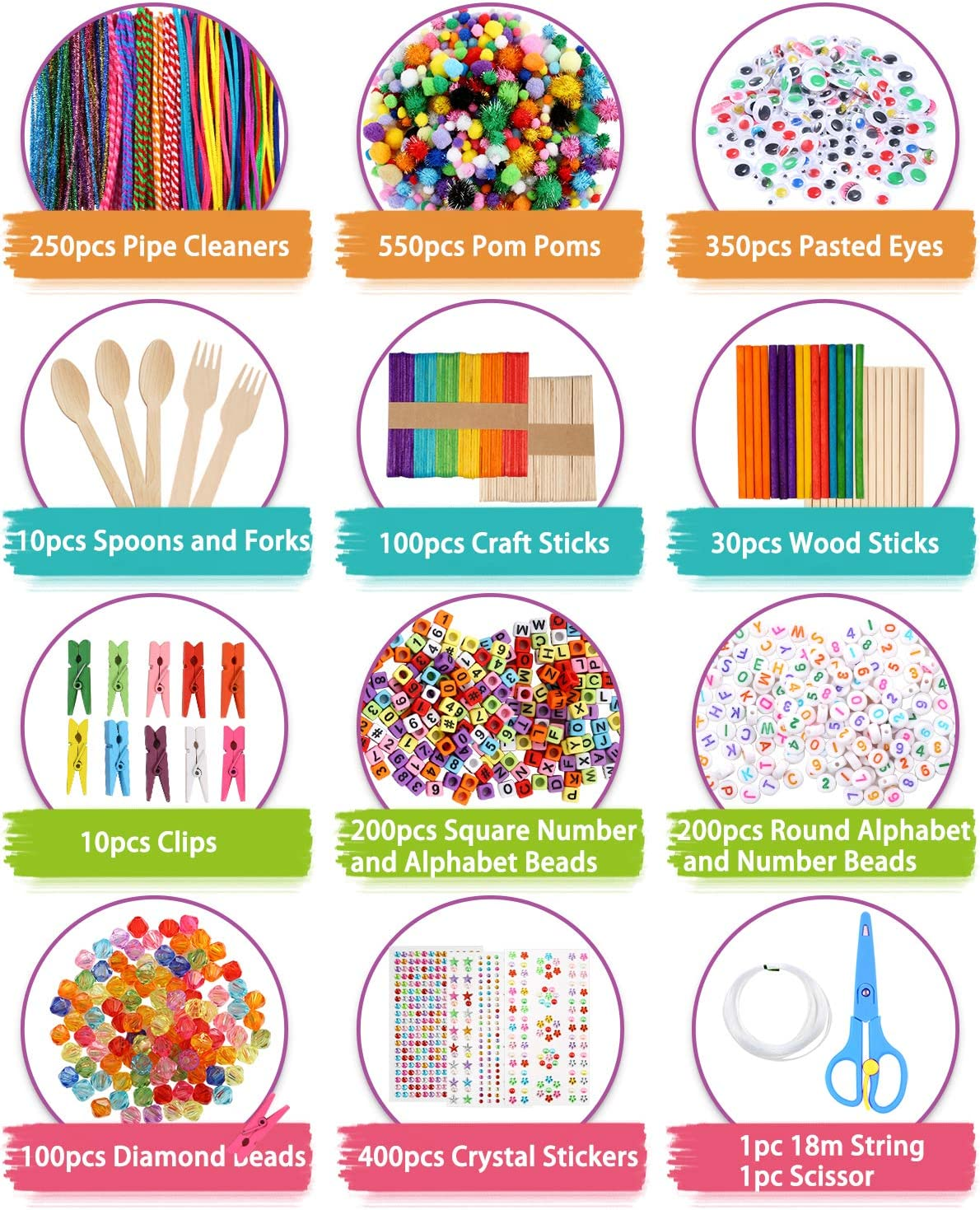 Caydo 3000 Pcs Kids Art and Crafts Supplies, Toddler DIY Craft Art Supplies Set Include Pipe Cleaners, Pom Poms, Portable 3 Layered Folding Storage Box for Kids image number 2