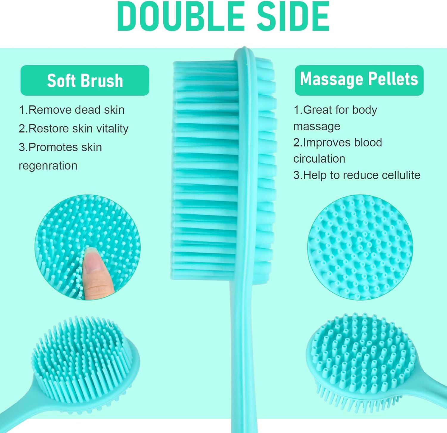 Silicone Back Scrubber for Shower Bath Body Brush with Long Handle Double Sided Exfoliating Shower Brush with a Hook and a Lanyard - Black image number 4