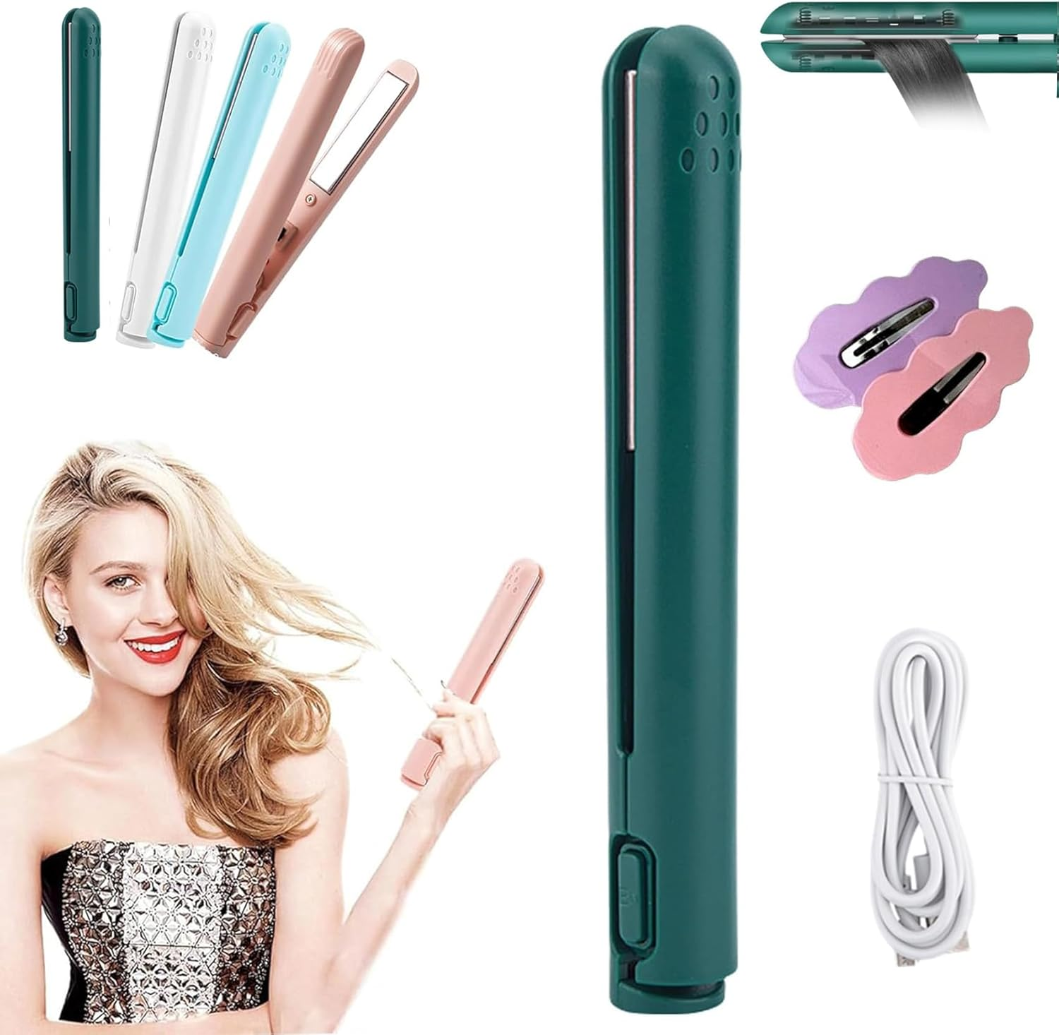 Portrait Mini Dual-Purpose Curling Iron, Ceramic Mini Hair Curler, 2 in 1 Mini Dual-Purpose Curling Iron, USB Rechargeable Curling Wand, Portable Hair Straightener Travel Curling Wand (Pink)