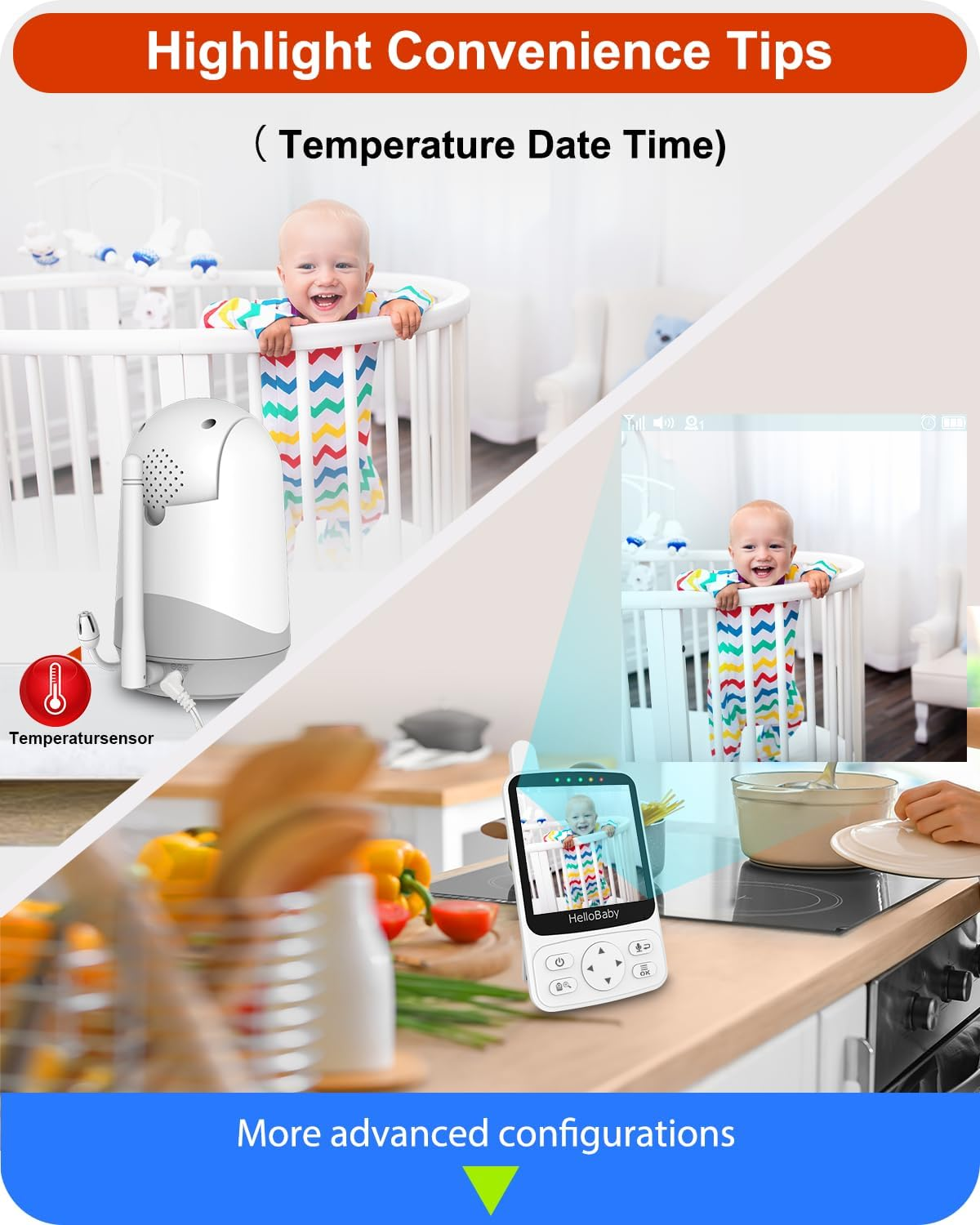 Hellobaby Monitor with 29Hour Battery Life and 4'' IPS Screen, No Wifi, Video Baby Camera Audio 1000Ft Long Rang Auto Night Vision 2 Way Temperature VOX Mode for Pet Eldly White image number 1