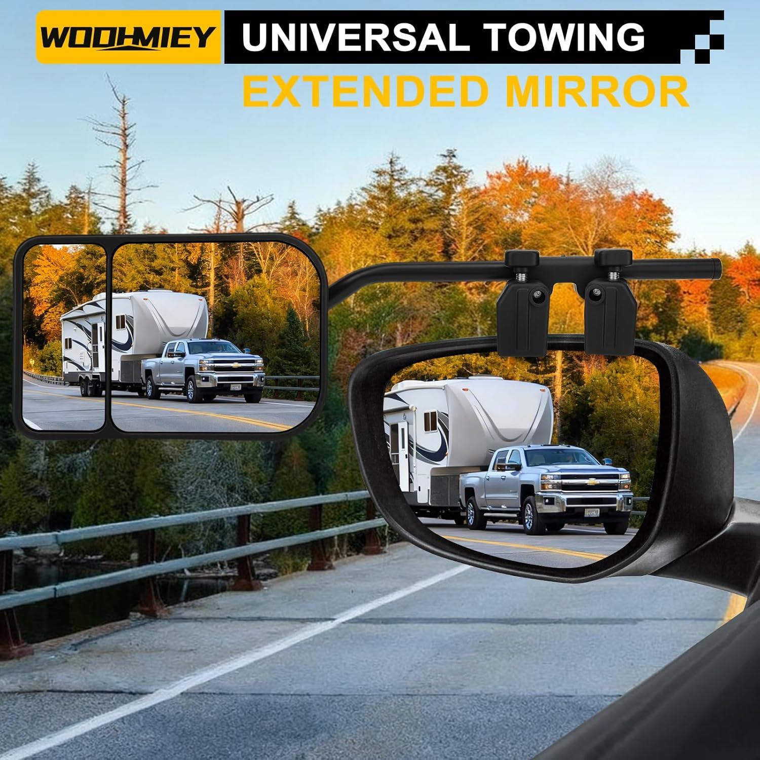 WODHMIEY Universal Towing Mirror, Clip on Towing Mirrors Extensions, 360 Degree Rotation, Adjustable Angle Metal Bracket for Trailer Bus RV Truck with ABS Glass Construction image number 1