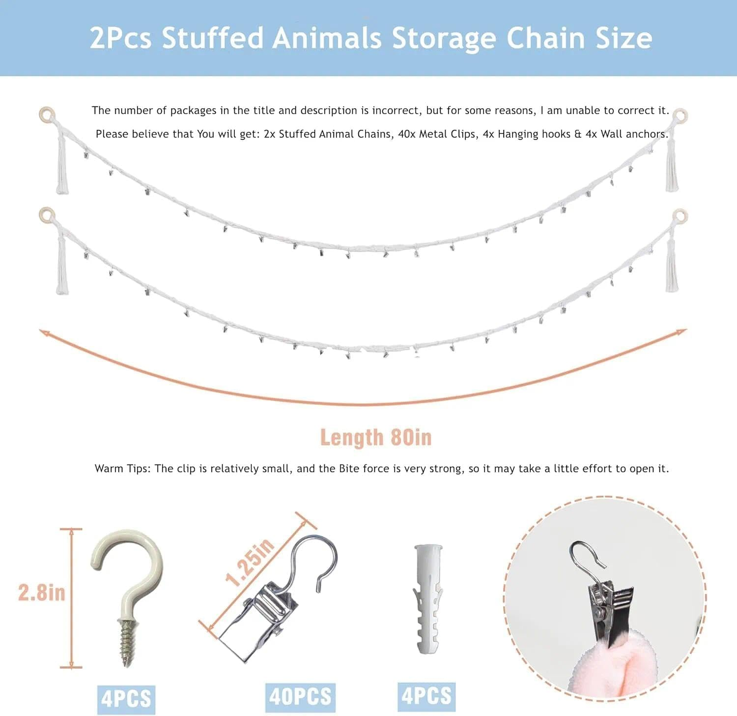 80" Cotton Hanging Storage Chain for Stuffed Animals Storage with 20 Metal Clips Stuffed Animal Display Holder Chain for Wall or Corner Nursery Play Room image number 6