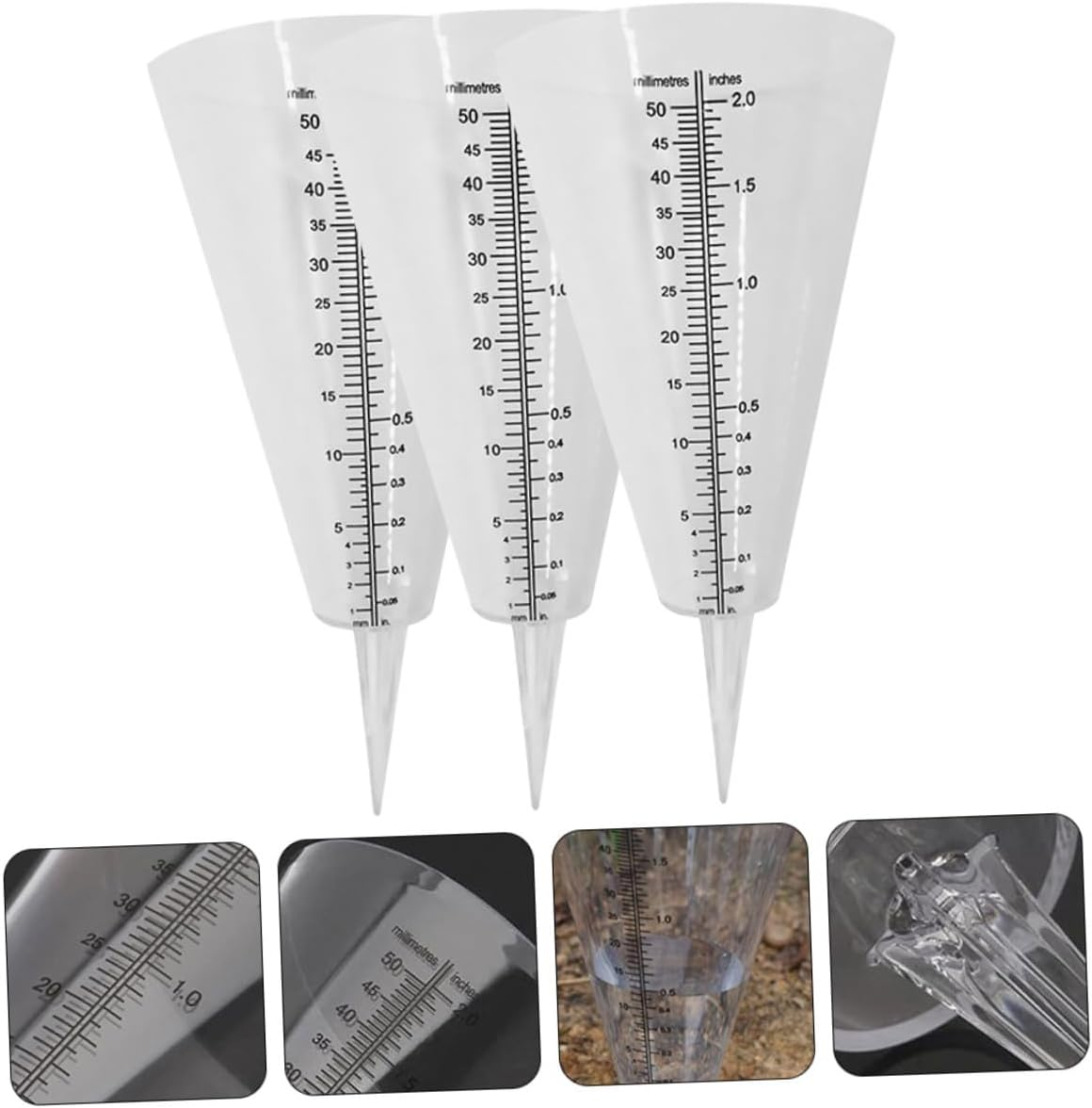 3Pcs Transparent Cone Shaped Rainfall Gauge Outdoor Rain Gauge for Garden Lawn Farming with Large Scale Measuring Cup image number 3
